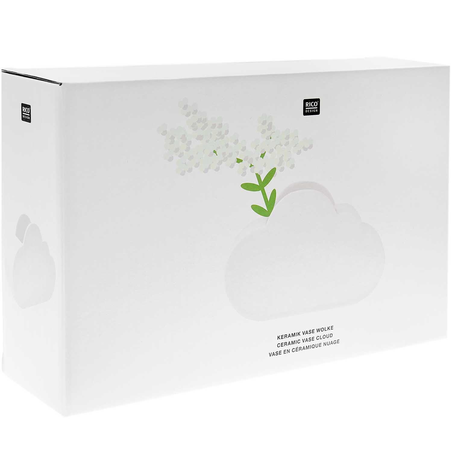 Keramik Vase Wolke 25x6x16cm Farbe Weiß von Rico Design Keramik Vase Wolke 25x6x16cm von Rico Design in Weiß, verpackt in einer Box mit Wolkenmotiv und zarten Blumen.