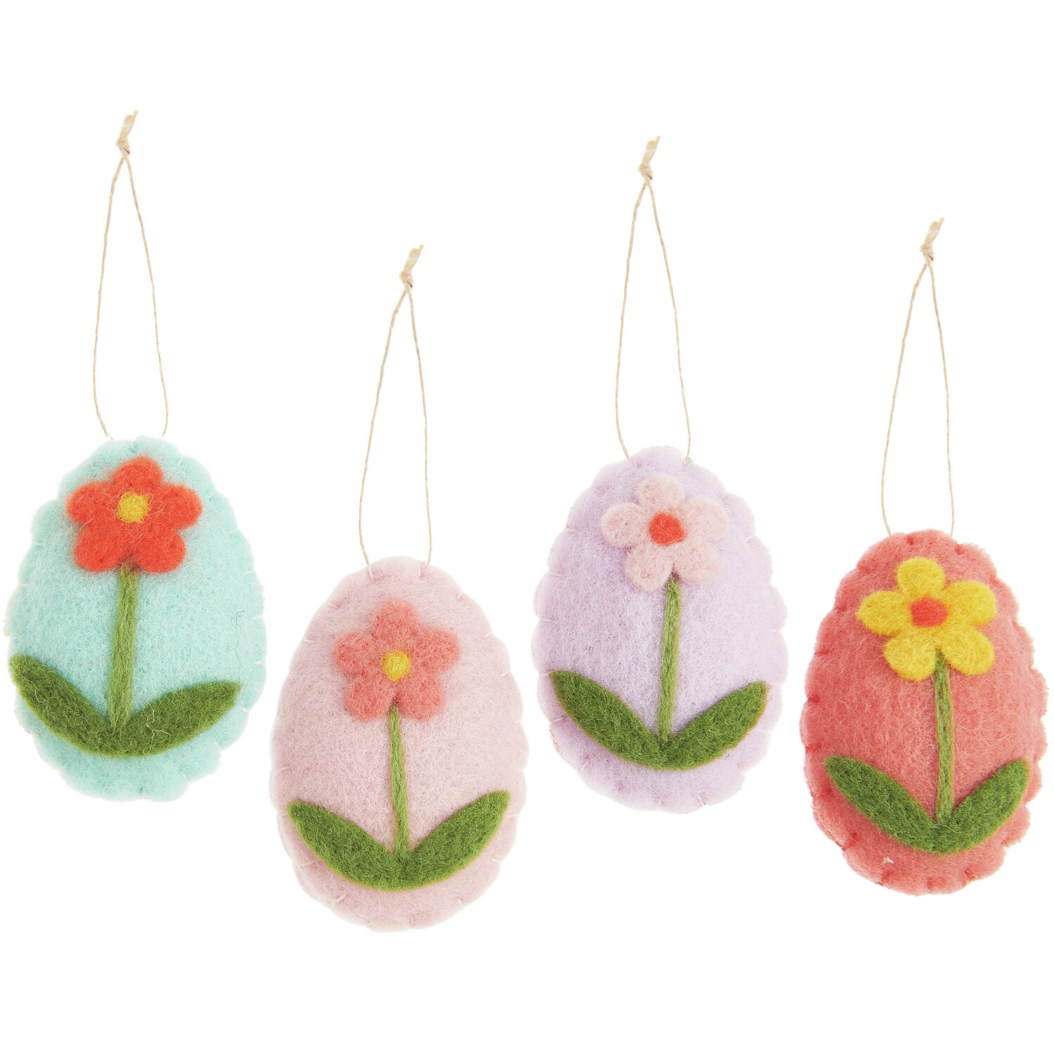 Aufhänger Filz-Eier flach Blumen: Vier bunte Filz-Eier mit Blumenmotiv, ideal für Osterdekorationen.