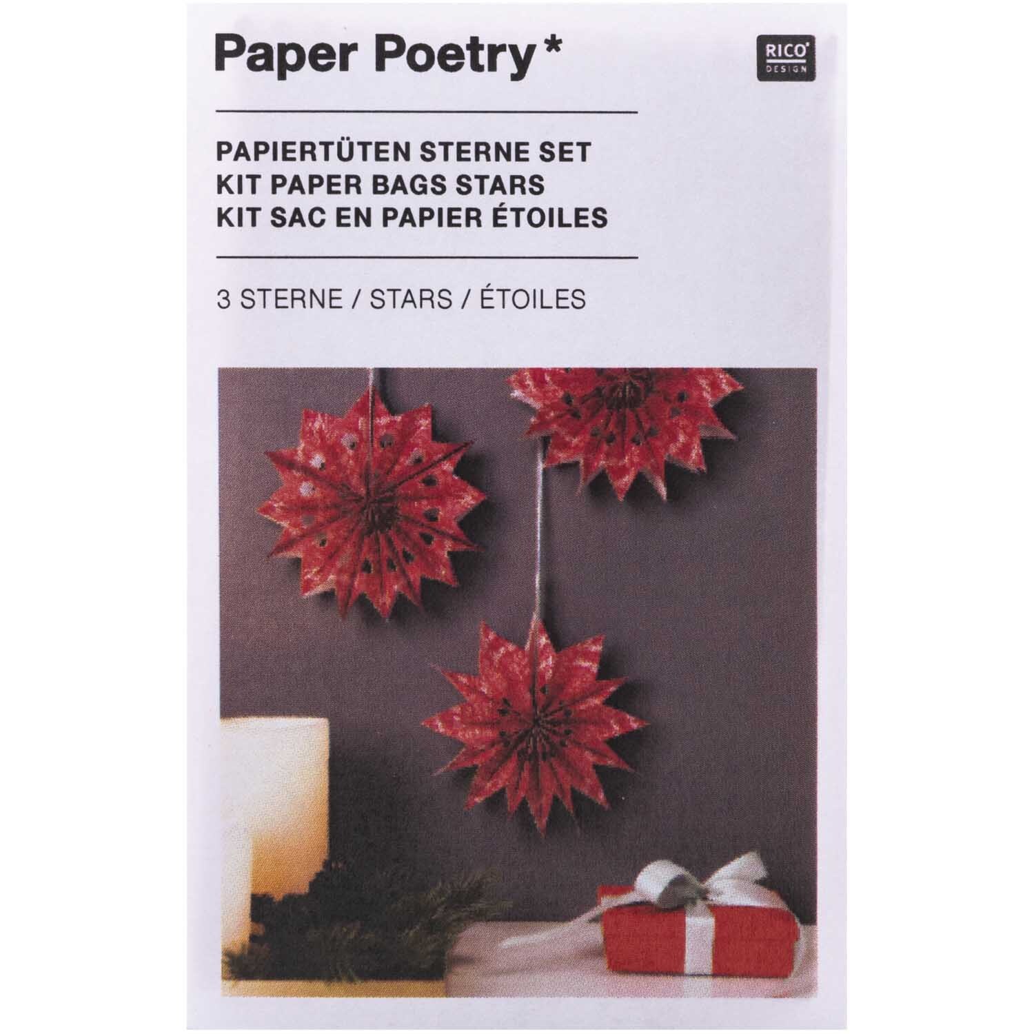 Paper Poetry Bastelset Papiertüten-Sterne Jolly Christmas klein zeigt rote Papiersterne von Rico Design, ideal für festliche Dekorationen.