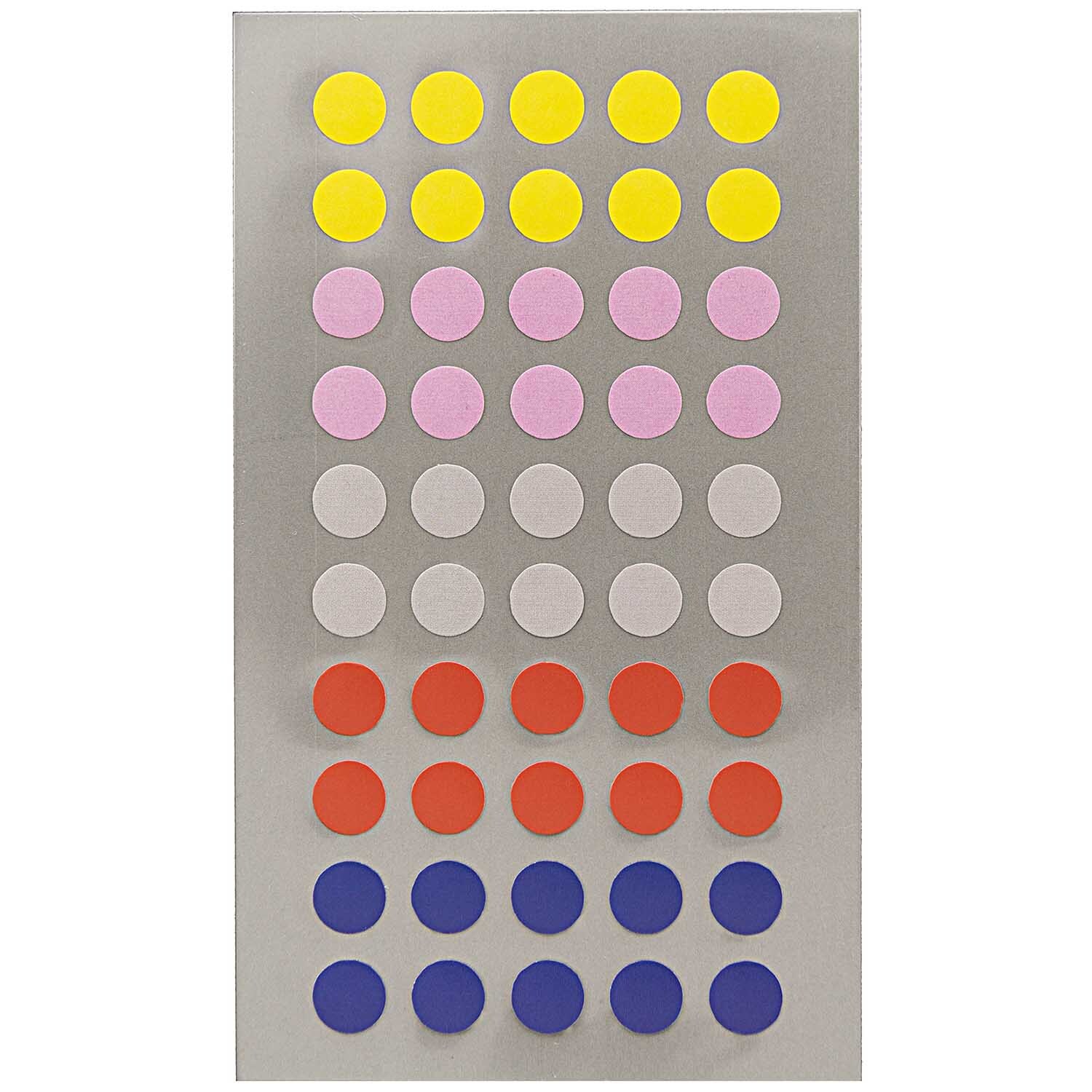 Office Sticker Punkte 8mm 4 Bogen Farbe Bunt von Rico Design Office Sticker Punkte 8mm 4 Bogen: Bunte Punkte in Gelb, Rosa, Weiß, Rot und Blau auf einem silbernen Hintergrund. Ideal für Bürobedarf.