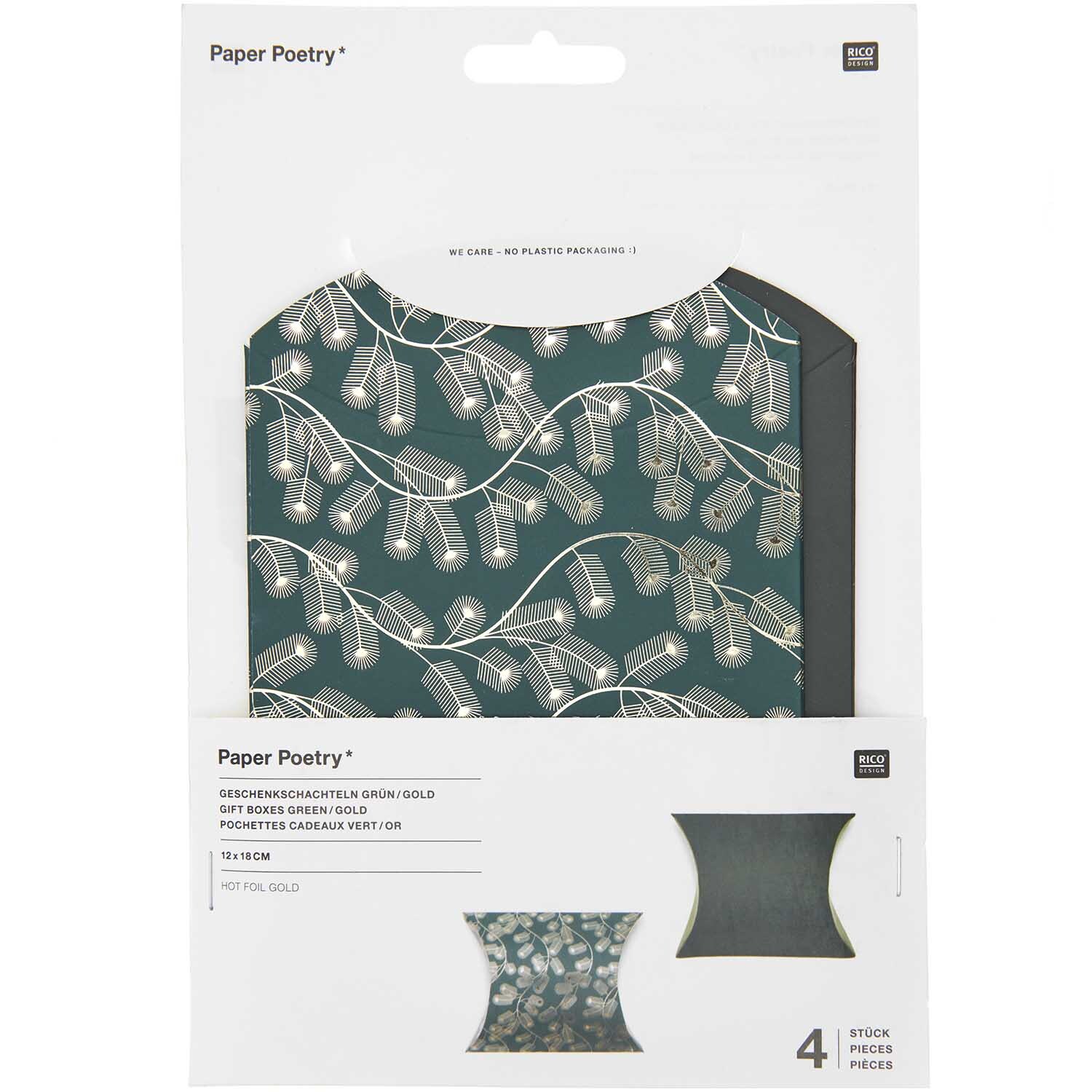 Paper Poetry Geschenkschachteln mit elegantem Grün-Gold-Design, ideal für stilvolle Geschenkverpackungen. Enthält vier Schachteln von Rico Design.