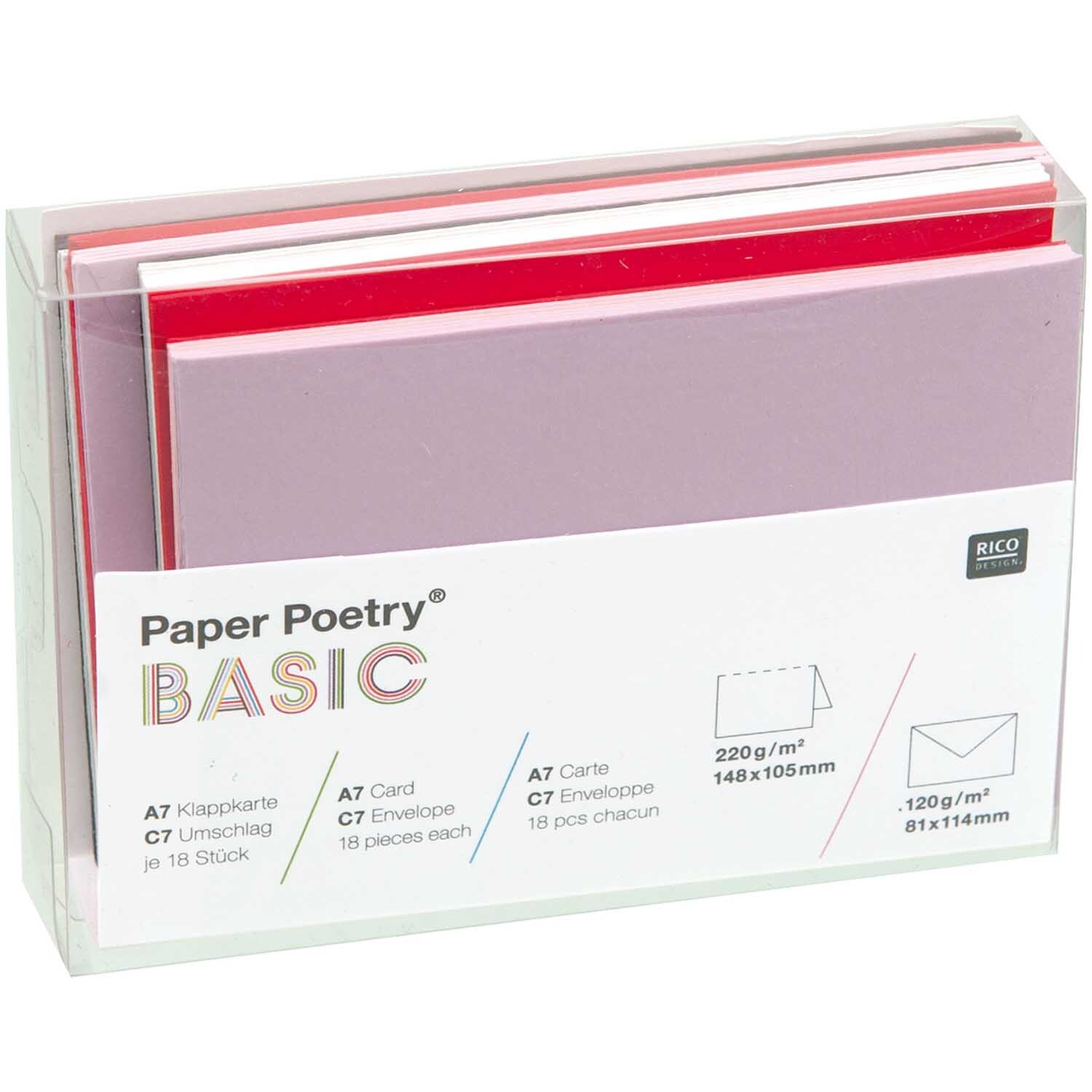 Paper Poetry Kartenset Basic C7, 36-teilig, von Rico Design. Enthält Umschläge und Karten in Rot und Rosa. Ideal für kreative Projekte.