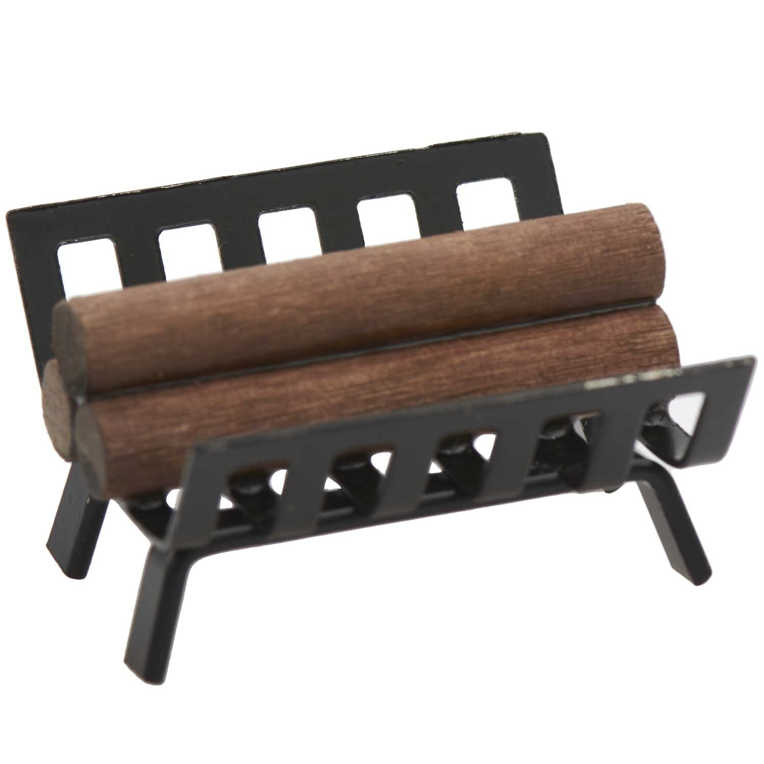Miniatur Kaminholz-Halter von Rico Design, schwarz, mit Holzscheiten, ideal für Puppenhäuser.