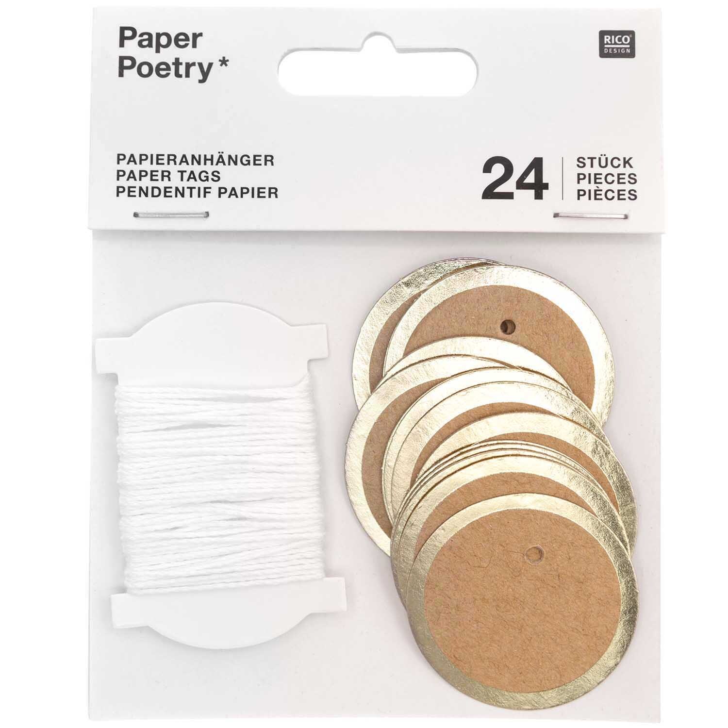 Paper Poetry Papieranhänger Kreise 4cm 24 Stück Farbe Kraftpapier von Rico Design Paper Poetry Papieranhänger Kreise 4cm 24 Stück aus Kraftpapier mit goldenen Rändern, ideal für kreative Bastelprojekte.