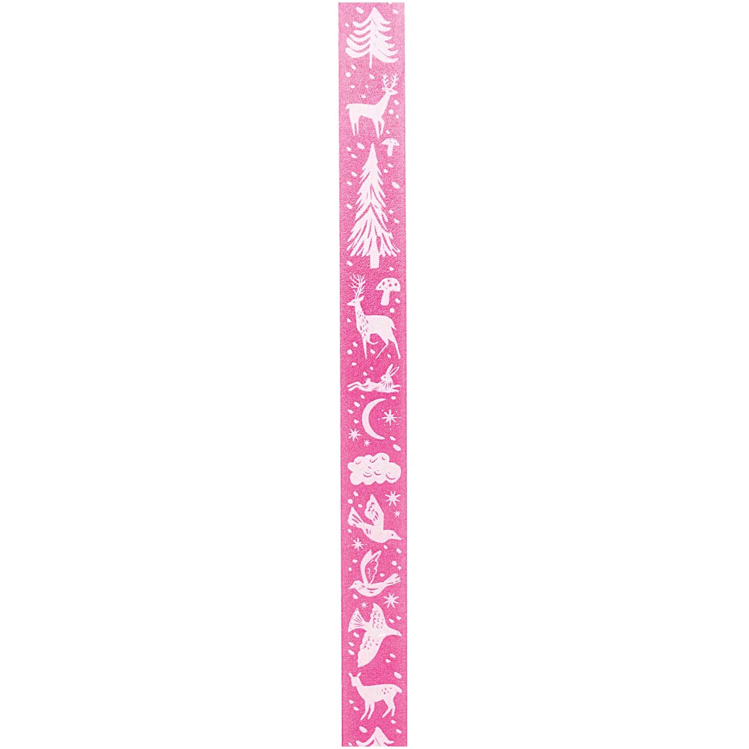 Paper Poetry Tape Nostalgic Christmas mit weißen Weihnachtsmotiven auf rosa Hintergrund, 1,5 cm breit, 10 m lang. Ideal für festliche Dekorationen.