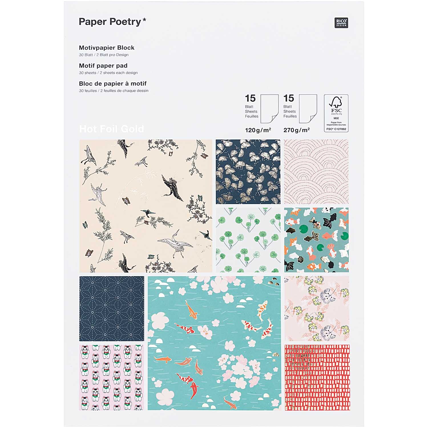 Paper Poetry Motivpapierblock Jardin Japonais mit 30 Blatt, zeigt florale und japanische Muster. Ideal für kreative Projekte, von Rico Design.