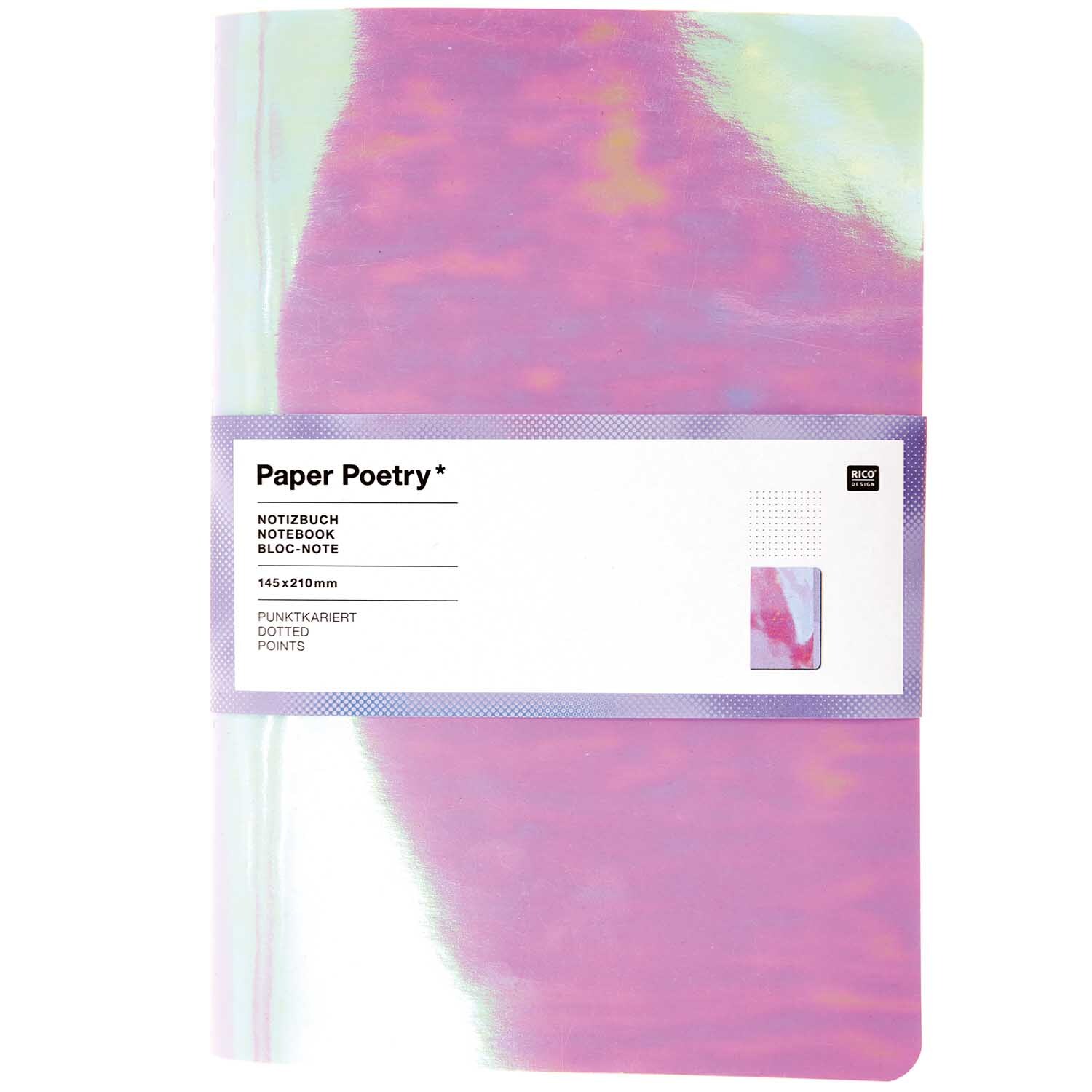 Paper Poetry Notizbuch A5 irisierend mit schimmerndem Cover in Rosa und Lila von Rico Design. Ideal für kreative Notizen.