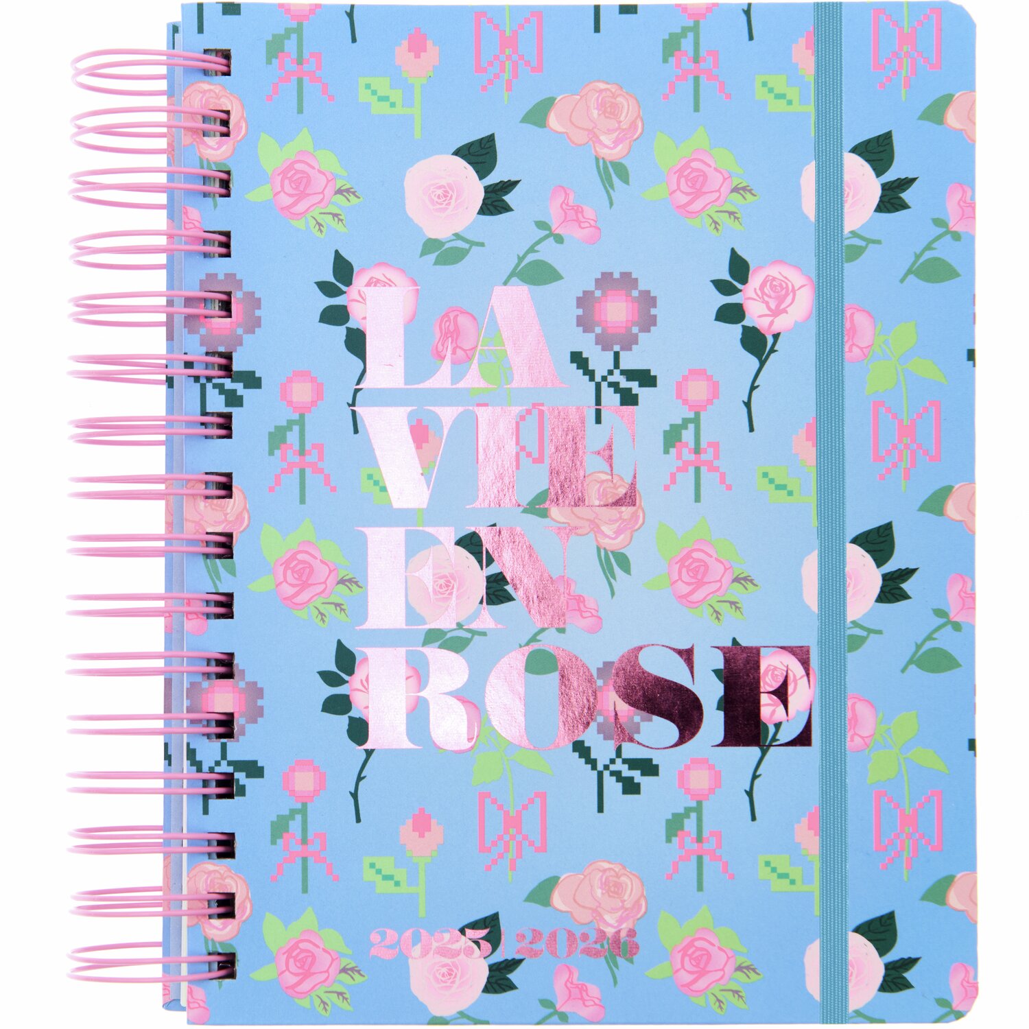 Paper Poetry Agenda 2025/2026 La Vie en Rose mit rosa Blumenmuster auf blauem Hintergrund, Marke Rico Design.