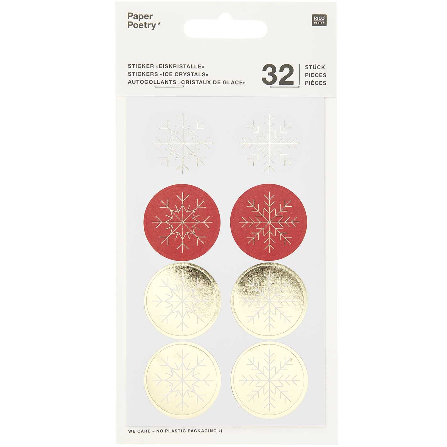 Paper Poetry Sticker Schneeflocken 4 Blatt mit roten und goldenen Schneeflocken von Rico Design.