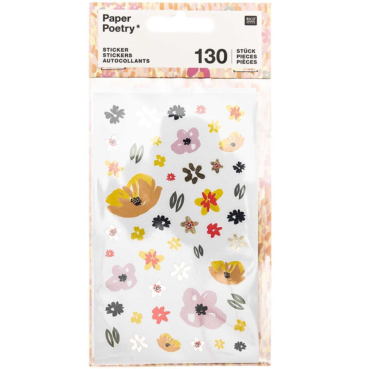 Paper Poetry Sticker Crafted Nature zeigt bunte Blumenmotive auf transparentem Hintergrund, 130 Stück. Ideal für kreative Projekte.