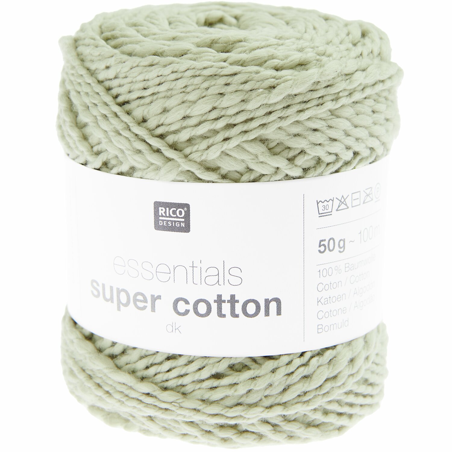 Essentials Super Cotton dk 50g 100m Couleur Roseaux from Rico Design Essentials Super Cotton dk, hellgrünes Garn von Rico Design, 50g, 100m, ideal für Strickprojekte.