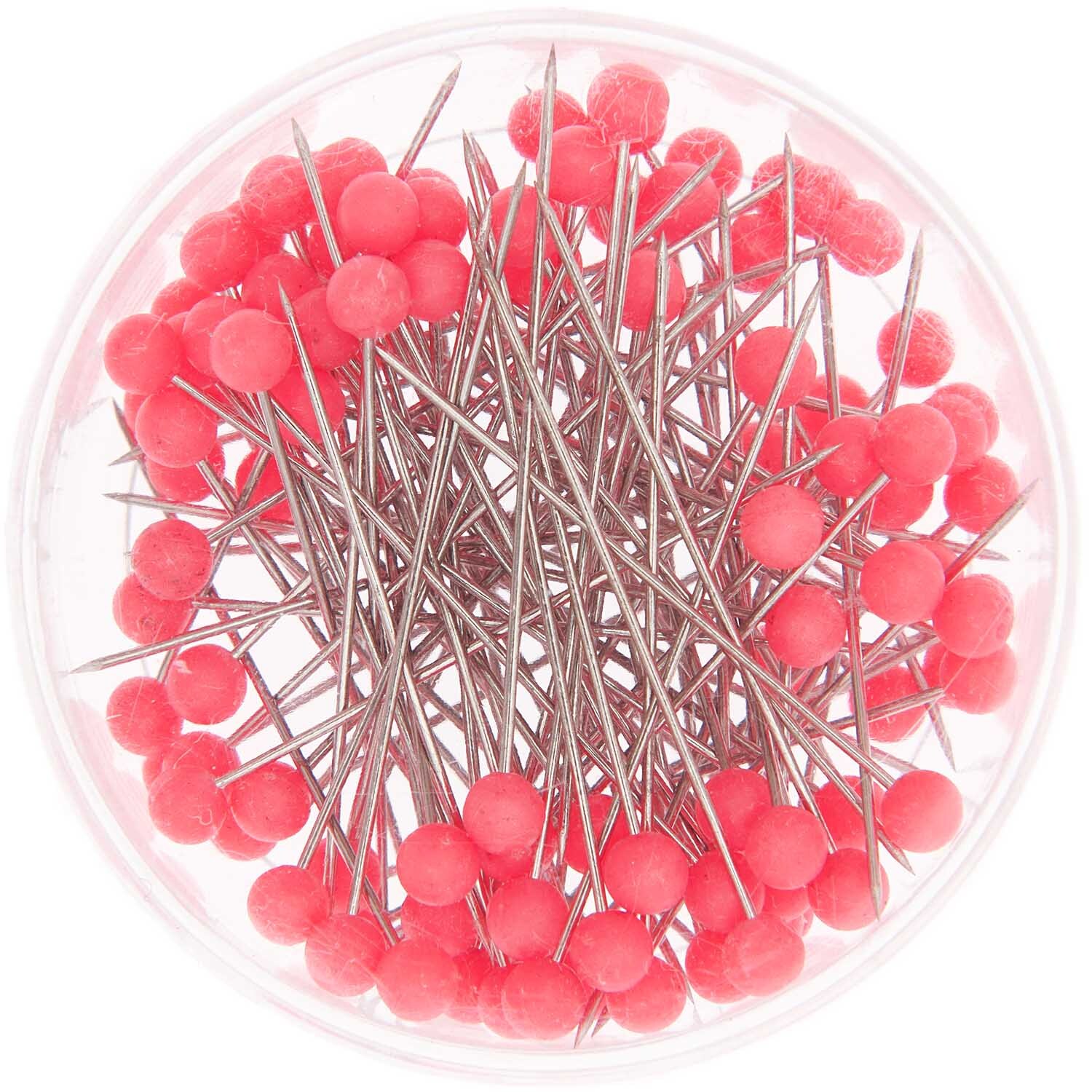 Stecknadeln 38mm 100 Stück in einer runden Box mit leuchtend pinken Köpfen von Rico Design.