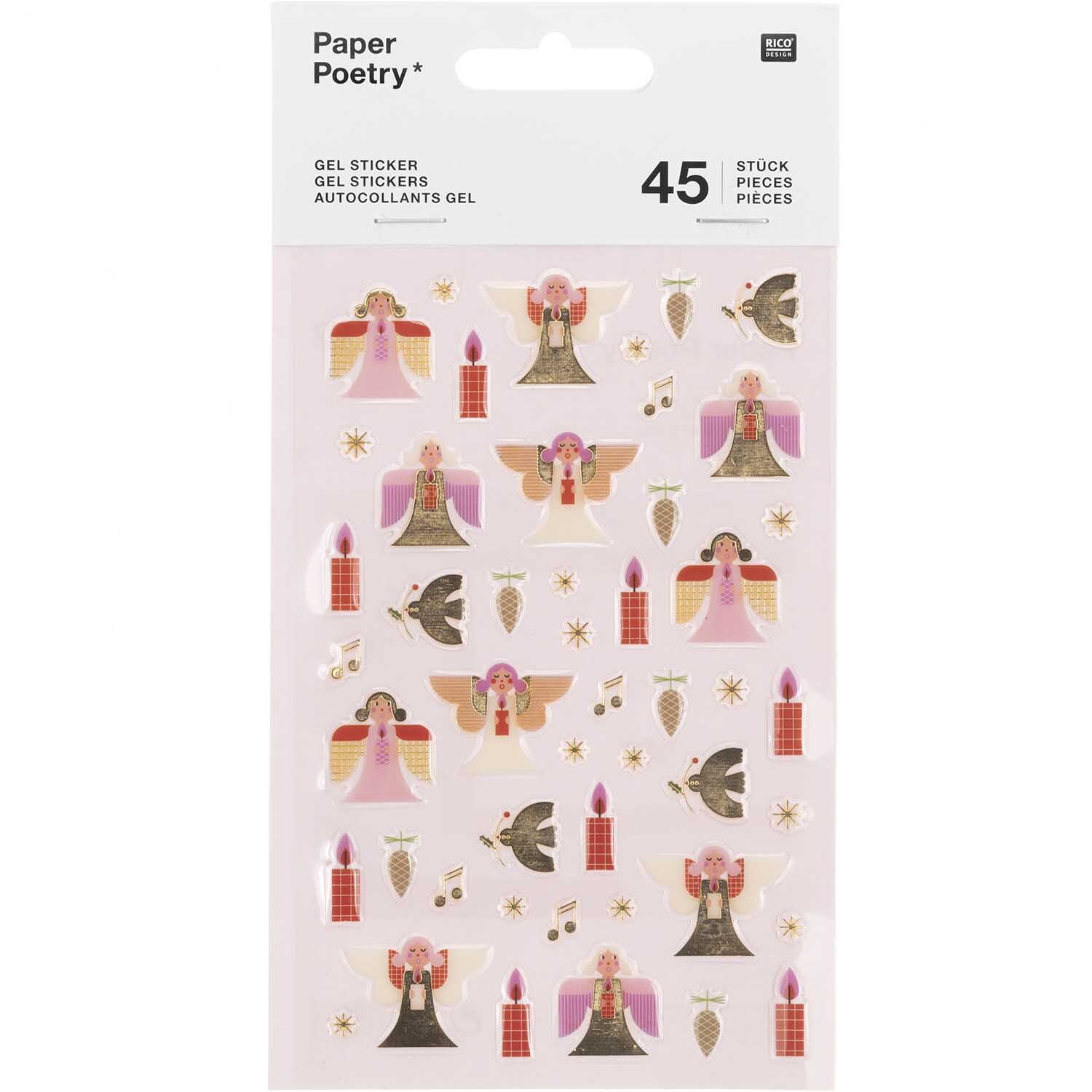 Paper Poetry Gelsticker Engel 1 Blatt zeigt bunte Engel und Kerzen von Rico Design auf einem Blatt.