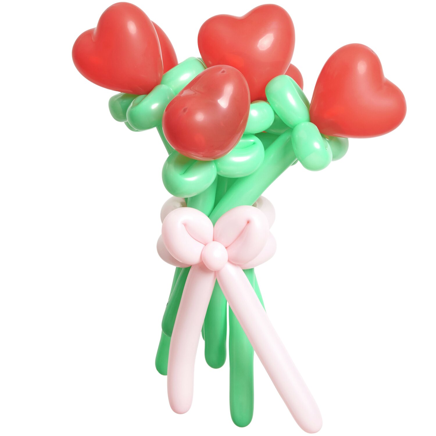 Ballonstrauß Herzen Rot: Ein Strauß aus roten Herzballons mit grünen Stielen und einer rosa Schleife, 60cm hoch, 14 Stück von Rico Design.