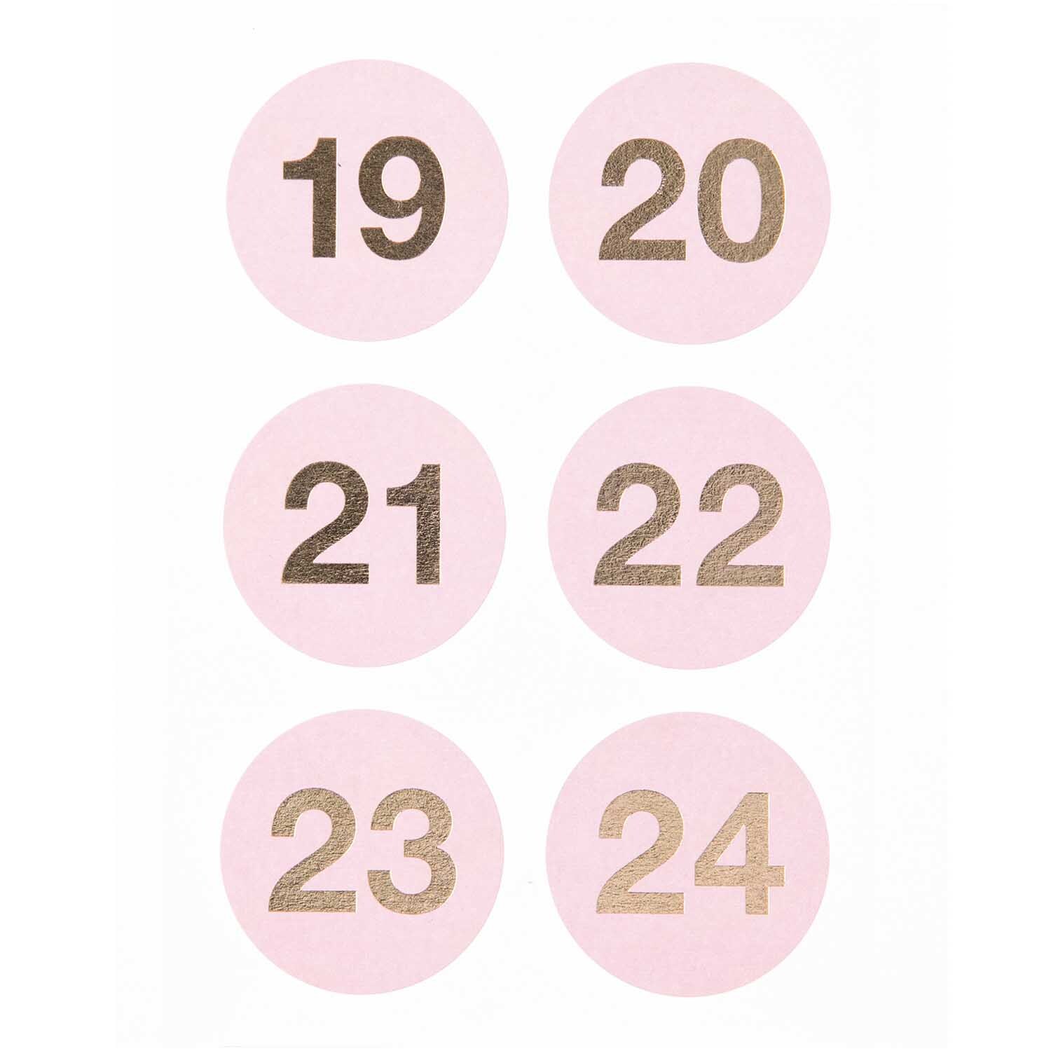 Paper Poetry Adventskalender Sticker Zahlen 1-24 auf rosa Hintergrund, ideal für kreative Adventskalenderprojekte.