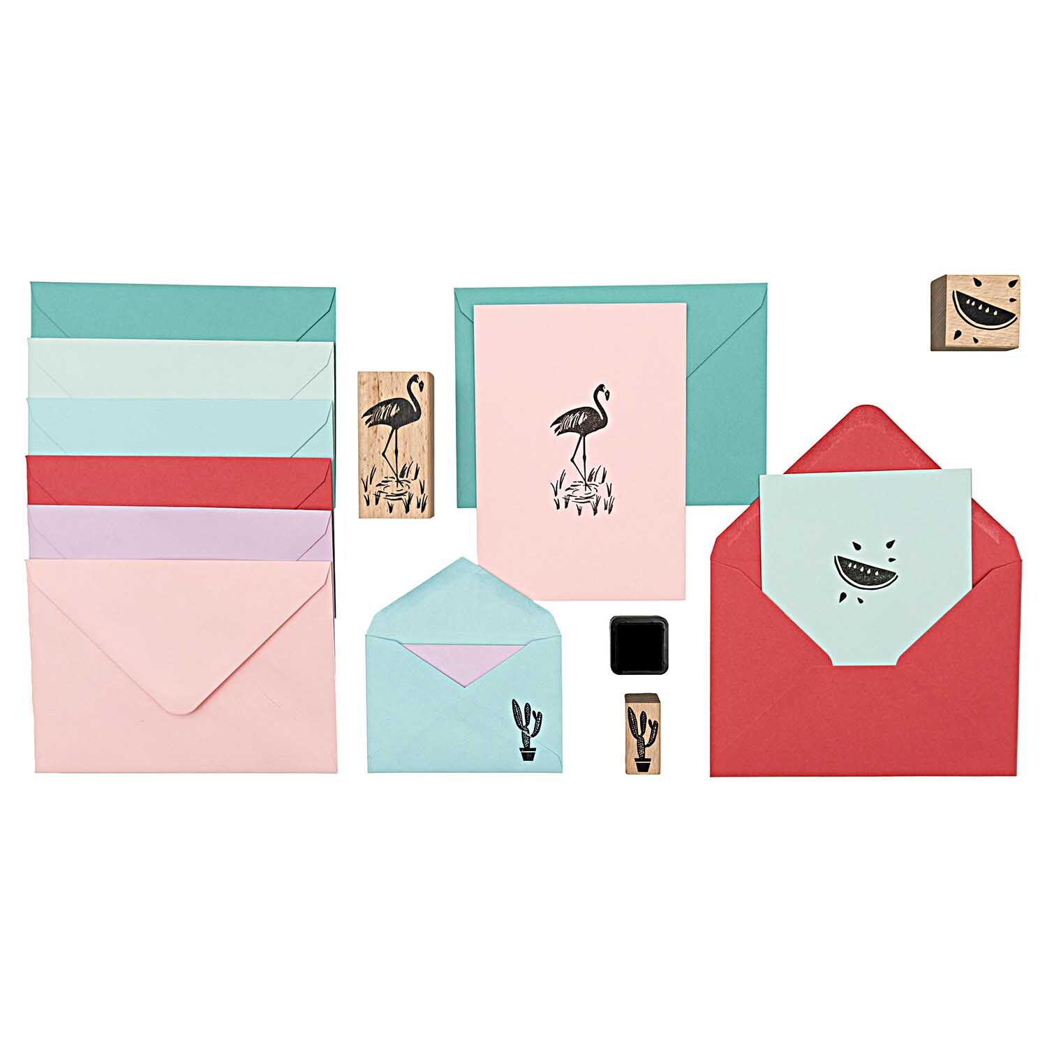 Paper Poetry Basic Kartenset mit 36 bunten Karten und Umschlägen, verziert mit tropischen Motiven. Ideal für kreative Projekte.