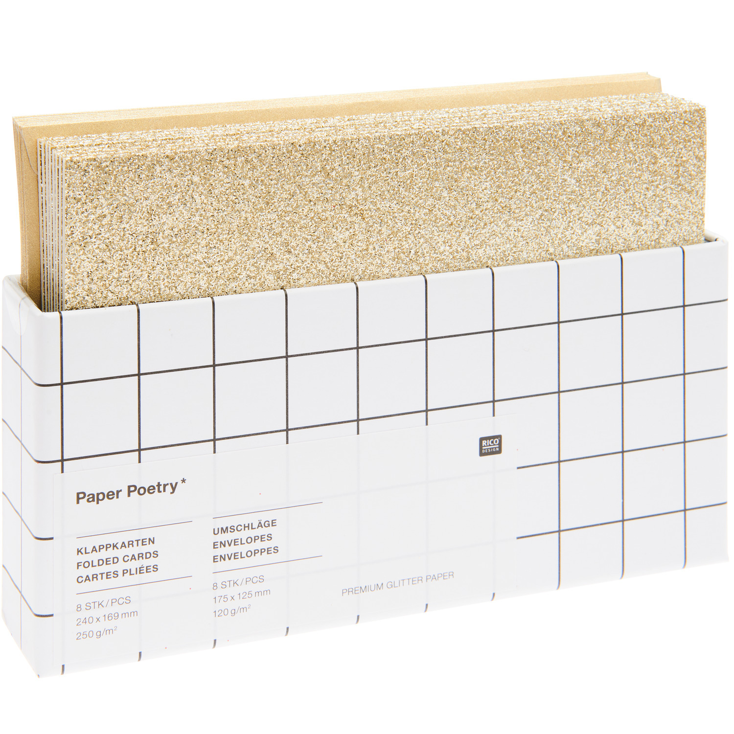 Paper Poetry Karten- und Umschlagset Glitter B6 Gold, 16-teilig, mit funkelndem Glitzerdesign, ideal für besondere Anlässe und kreative Projekte.