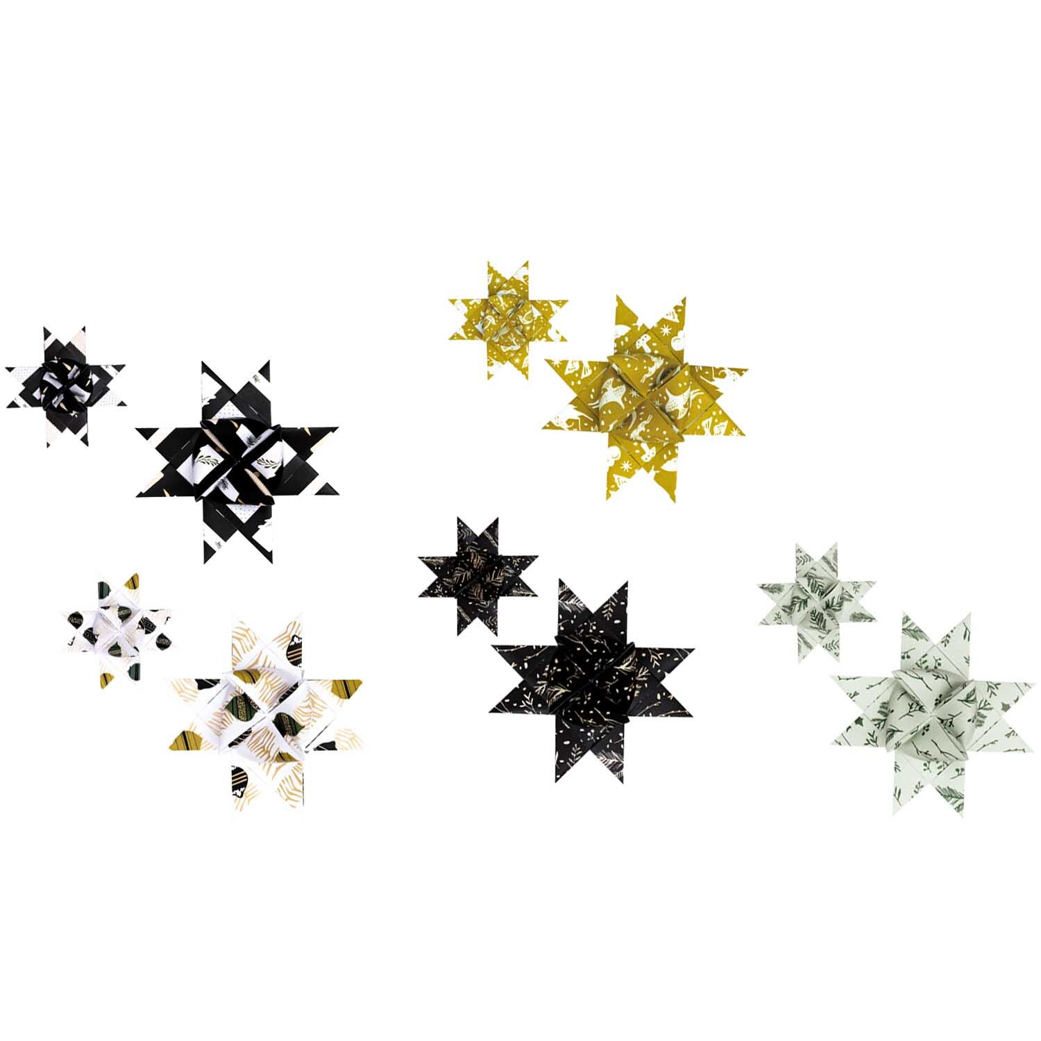 Paper Poetry Fröbelstreifen Nostalgic Christmas: Verschiedene gefaltete Sterne in Schwarz und Gold von Rico Design. Ideal für festliche Dekorationen.