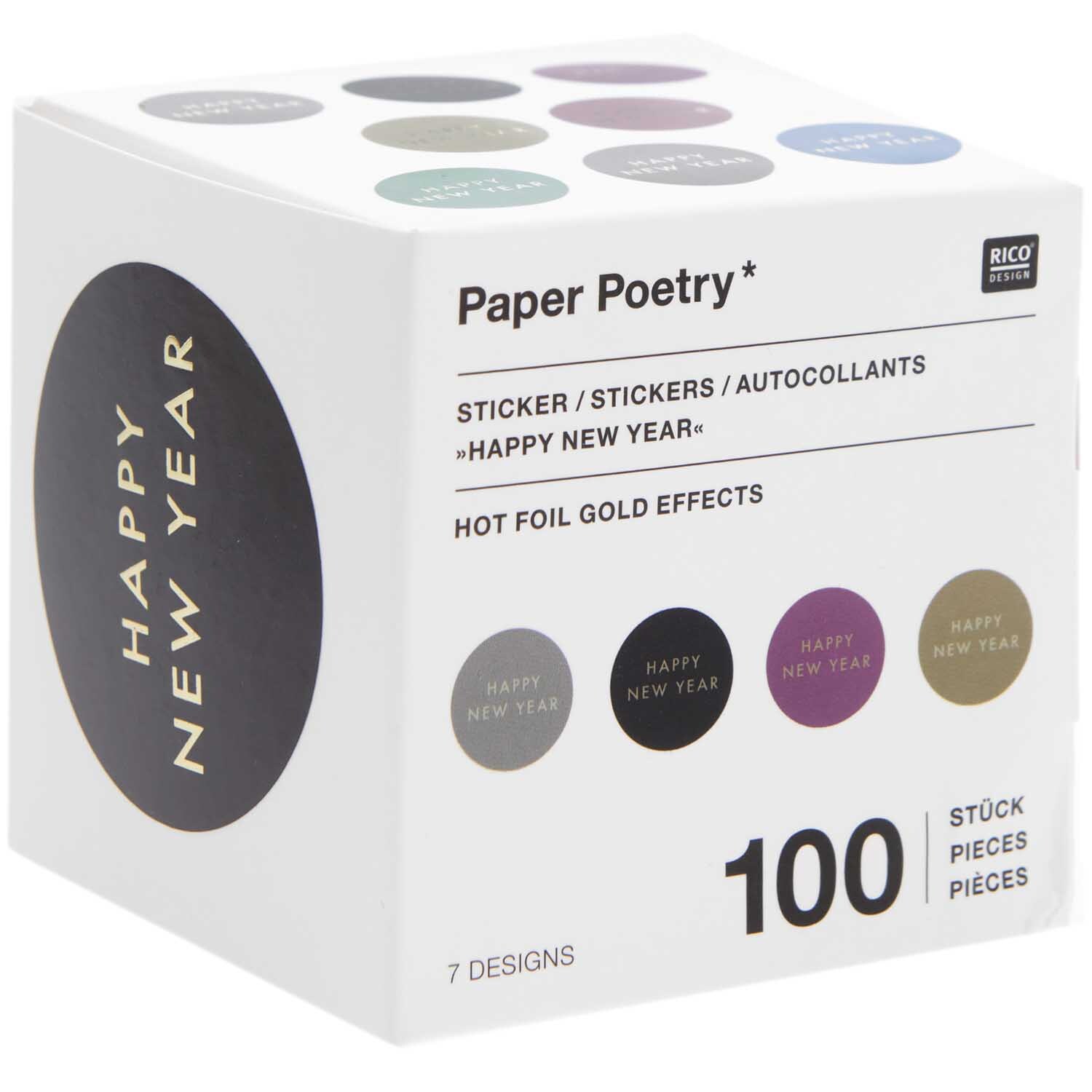 Paper Poetry Sticker Happy New Year Ø 5cm 100 Stück auf der Rolle von Rico Design