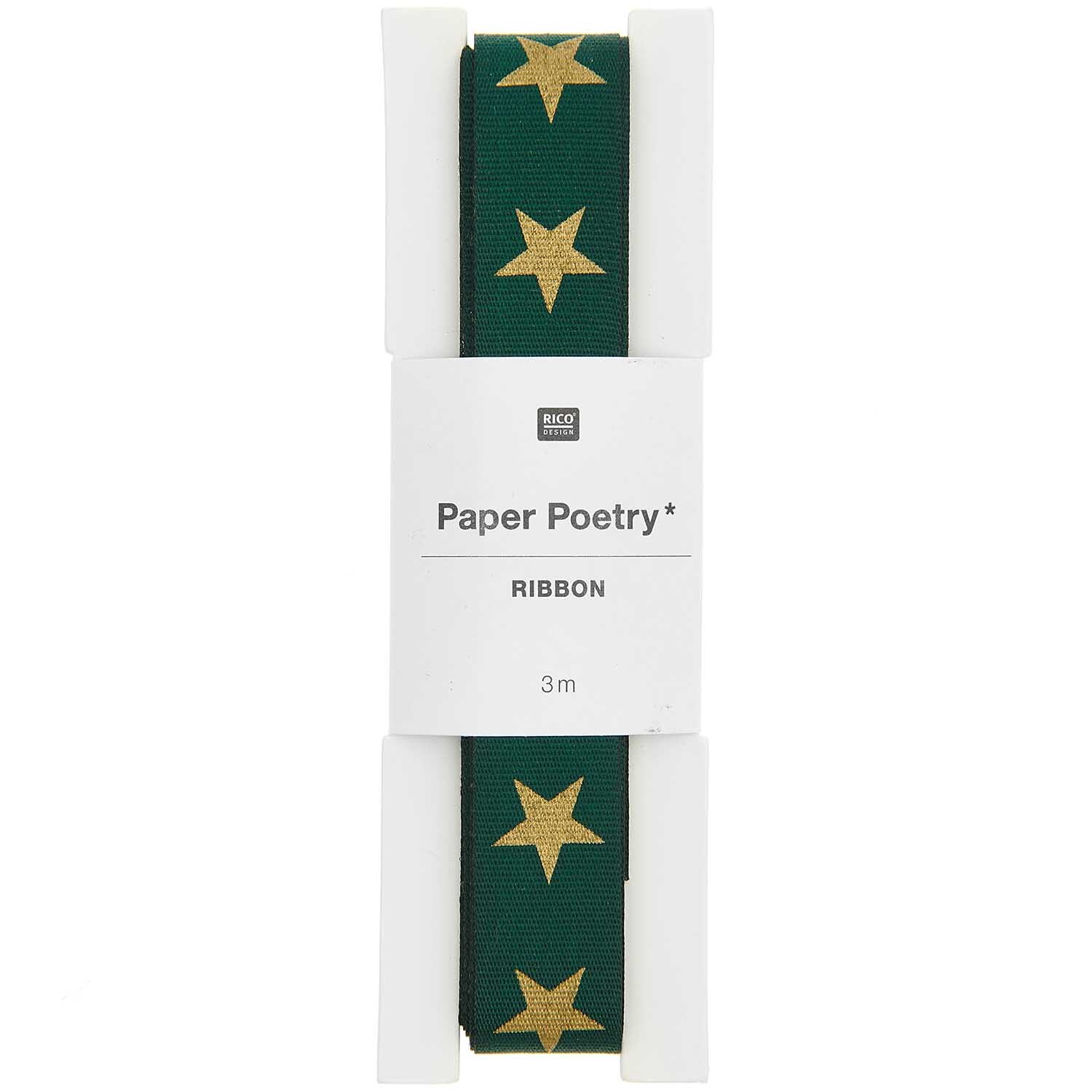 Paper Poetry Taftband Sterne 16mm 3m Farbe Grün Gold von Rico Design Paper Poetry Taftband mit goldenen Sternen auf grünem Hintergrund, 3m Länge, von Rico Design.