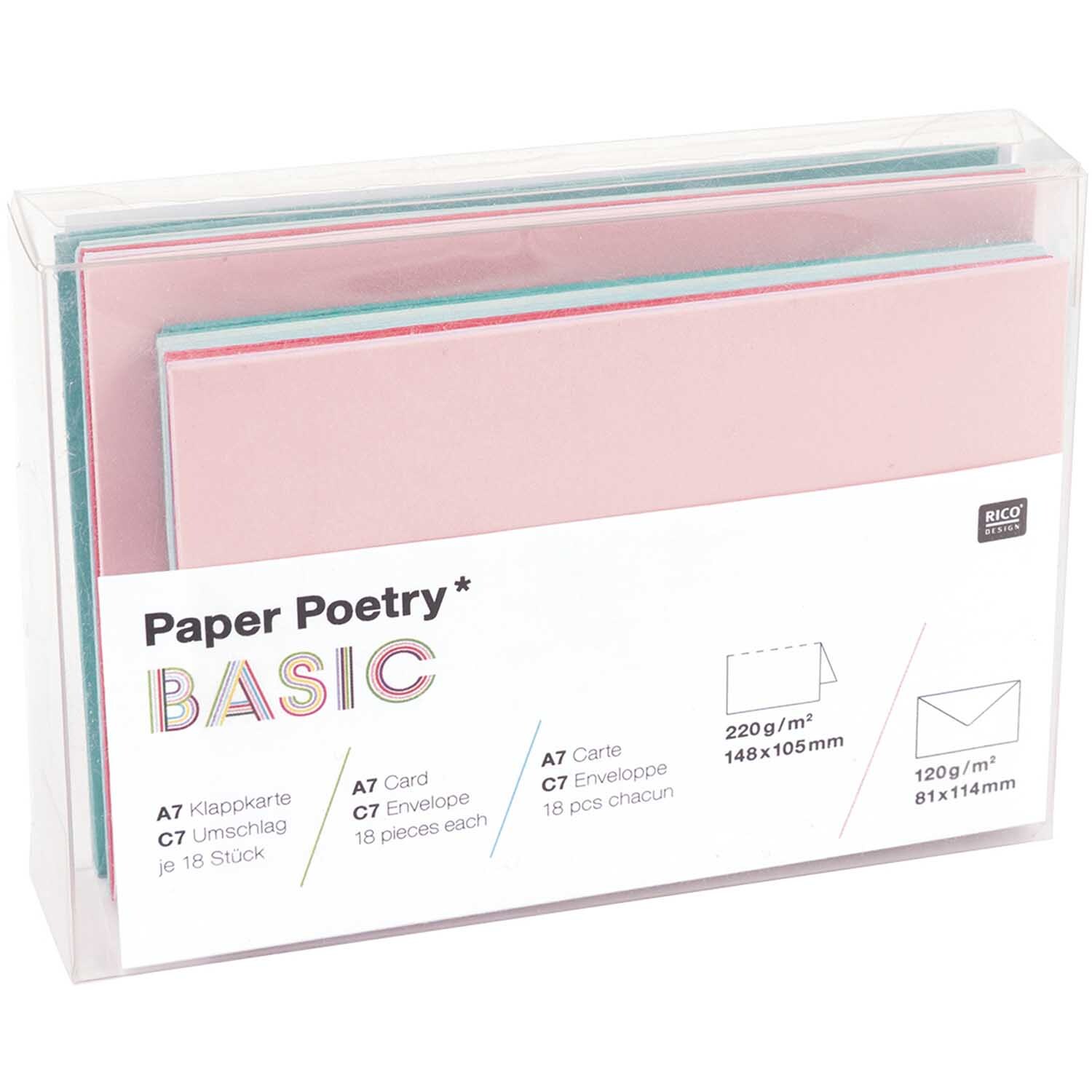 Paper Poetry Basic Kartenset mit 36 mehrfarbigen Karten und Umschlägen von Rico Design in A7/C7.
