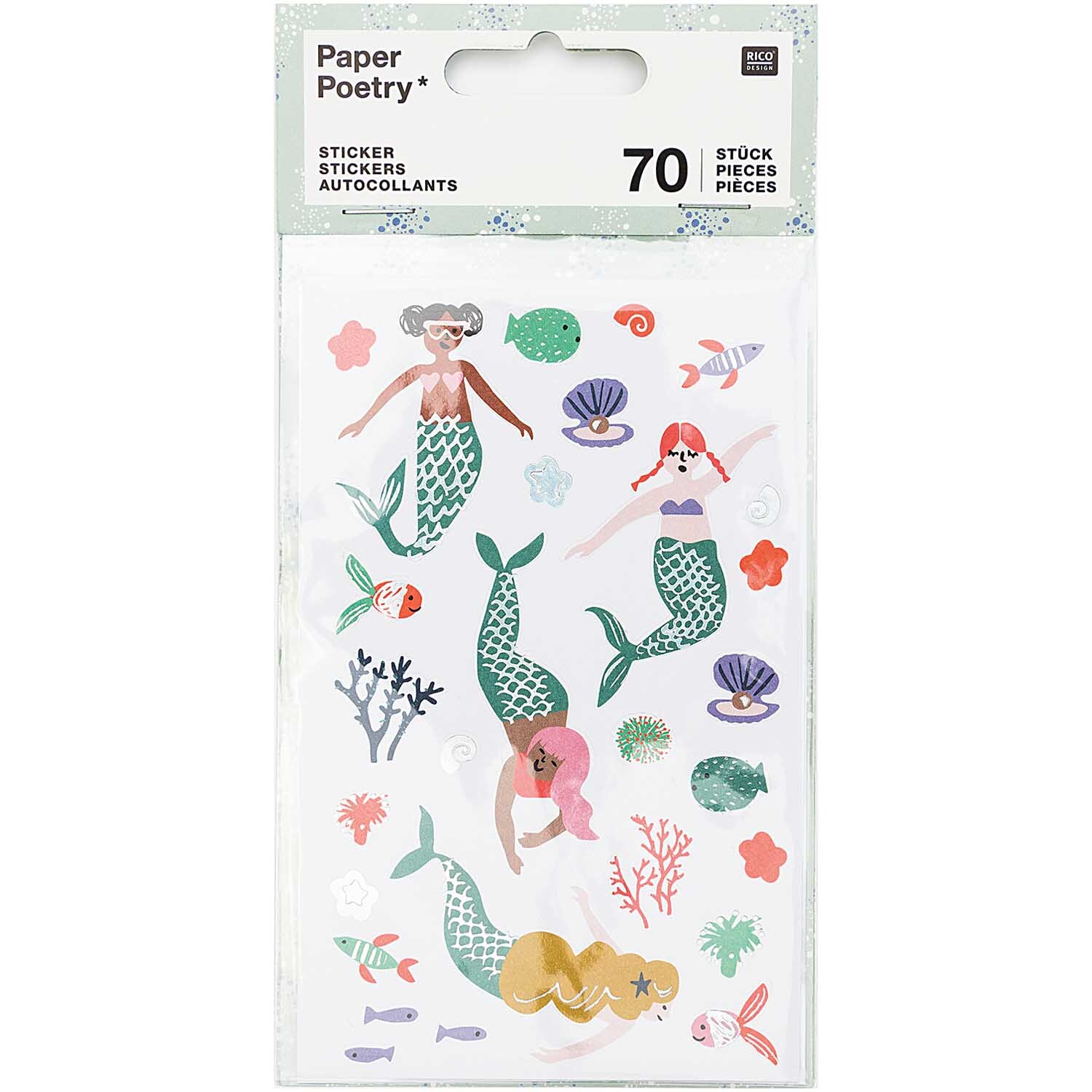 Paper Poetry Sticker Mermaid Meerjungfrauen 70 Stück von Rico Design Paper Poetry Sticker Mermaid Meerjungfrauen 70 Stück mit bunten Meerjungfrauen und Meeresmotiven von Rico Design. Ideal für kreative Projekte.
