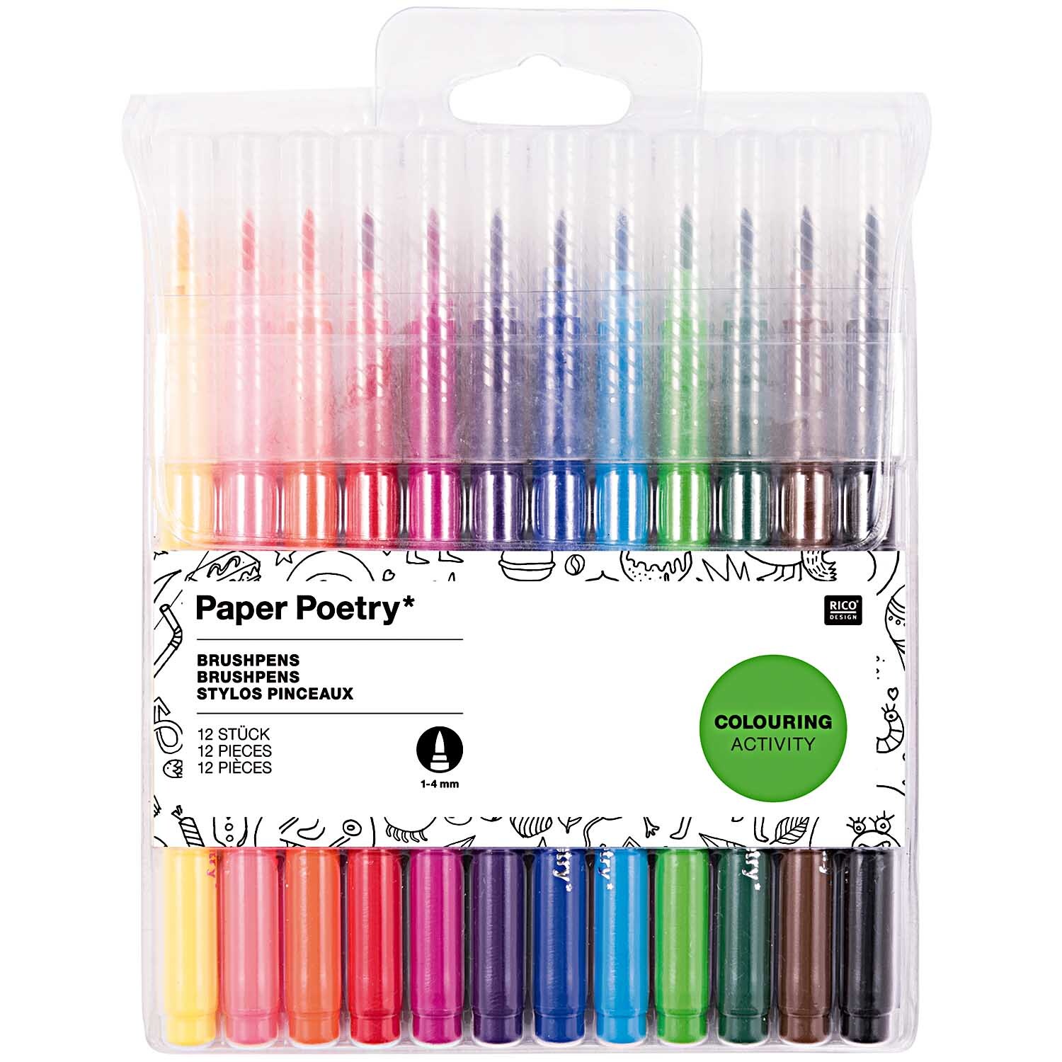 Paper Poetry Brushpen Filzstifte in 12 Farben von Rico Design, ideal für kreative Malaktivitäten.