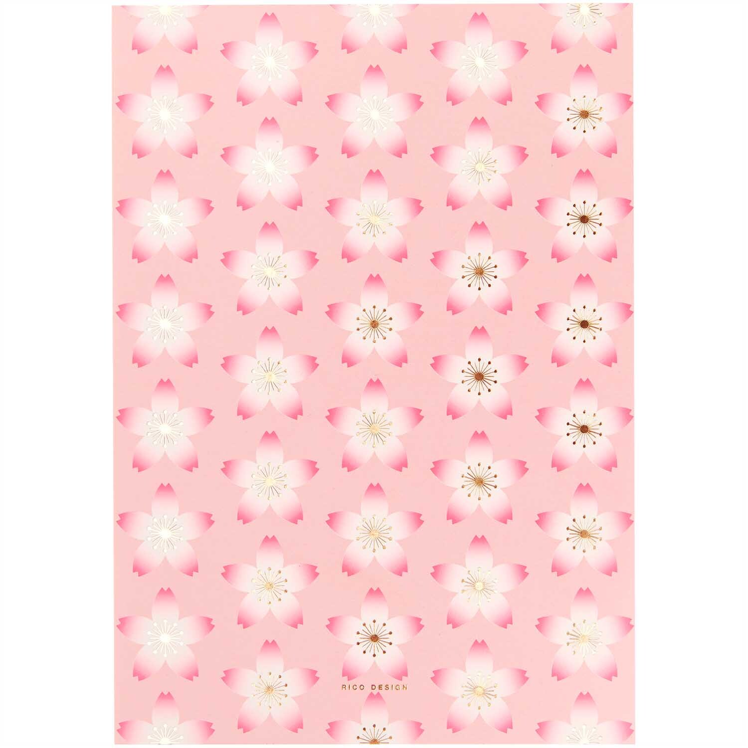 Paper Poetry Notizblock mit Kirschblütenmuster auf rosa Hintergrund, A5, 50 Blatt, von Rico Design.