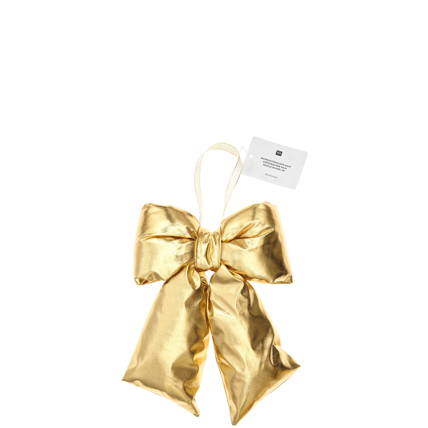 Weihnachtsschleife Gold Größe 24x19x5cm von Rico Design Weihnachtsschleife Gold von Rico Design: Elegante goldene Schleife mit Aufhängung, ideal für festliche Dekorationen.