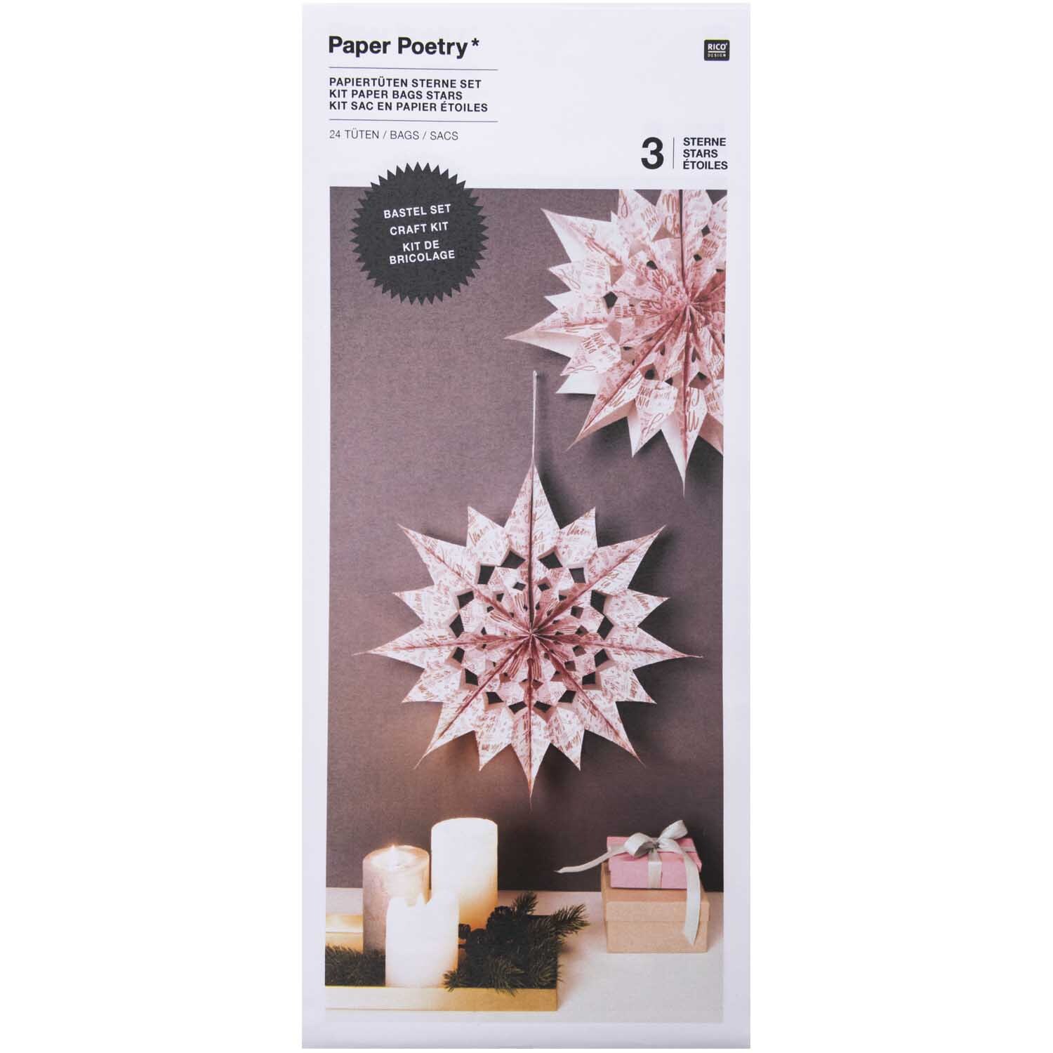 Paper Poetry Bastelset zeigt rosa Papiertüten-Sterne von Rico Design, dekorativ aufgehängt.