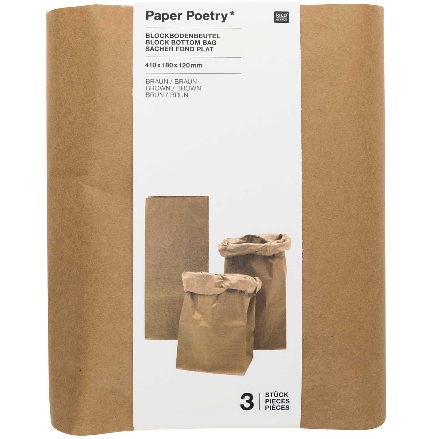 Paper Poetry Maxi-Blockbodenbeutel S 41x18x12cm 3 Stück Farbe Braun von Rico Design Paper Poetry Maxi-Blockbodenbeutel S, 41x18x12cm, 3 Stück, braun, ideal für kreative Verpackungen.
