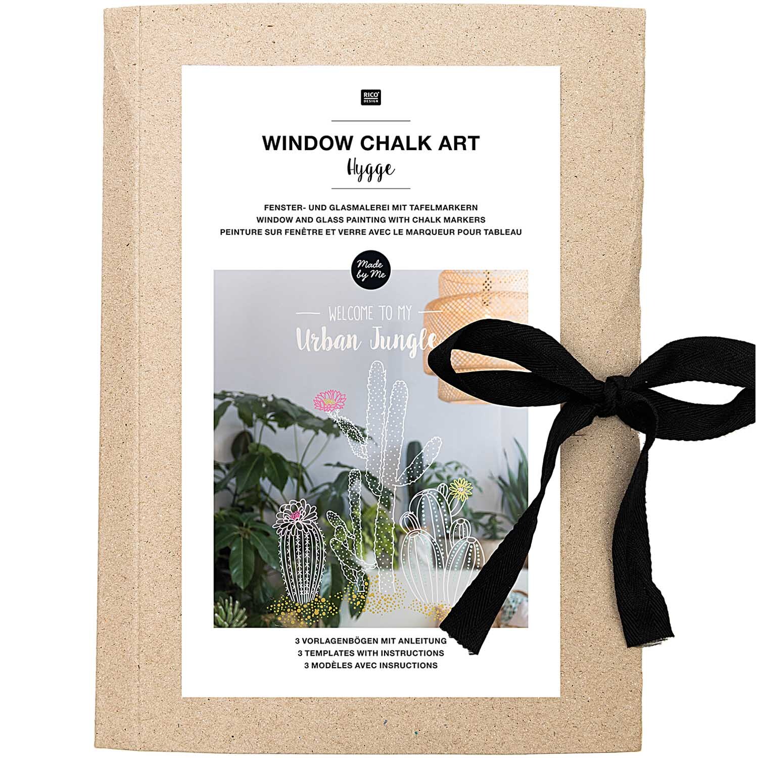 Vorlagenmappe für Fenster- und Glasmalerei mit Kreidestiften, dekoriert mit Pflanzenmotiven. Enthält Anleitungen von Rico Design.