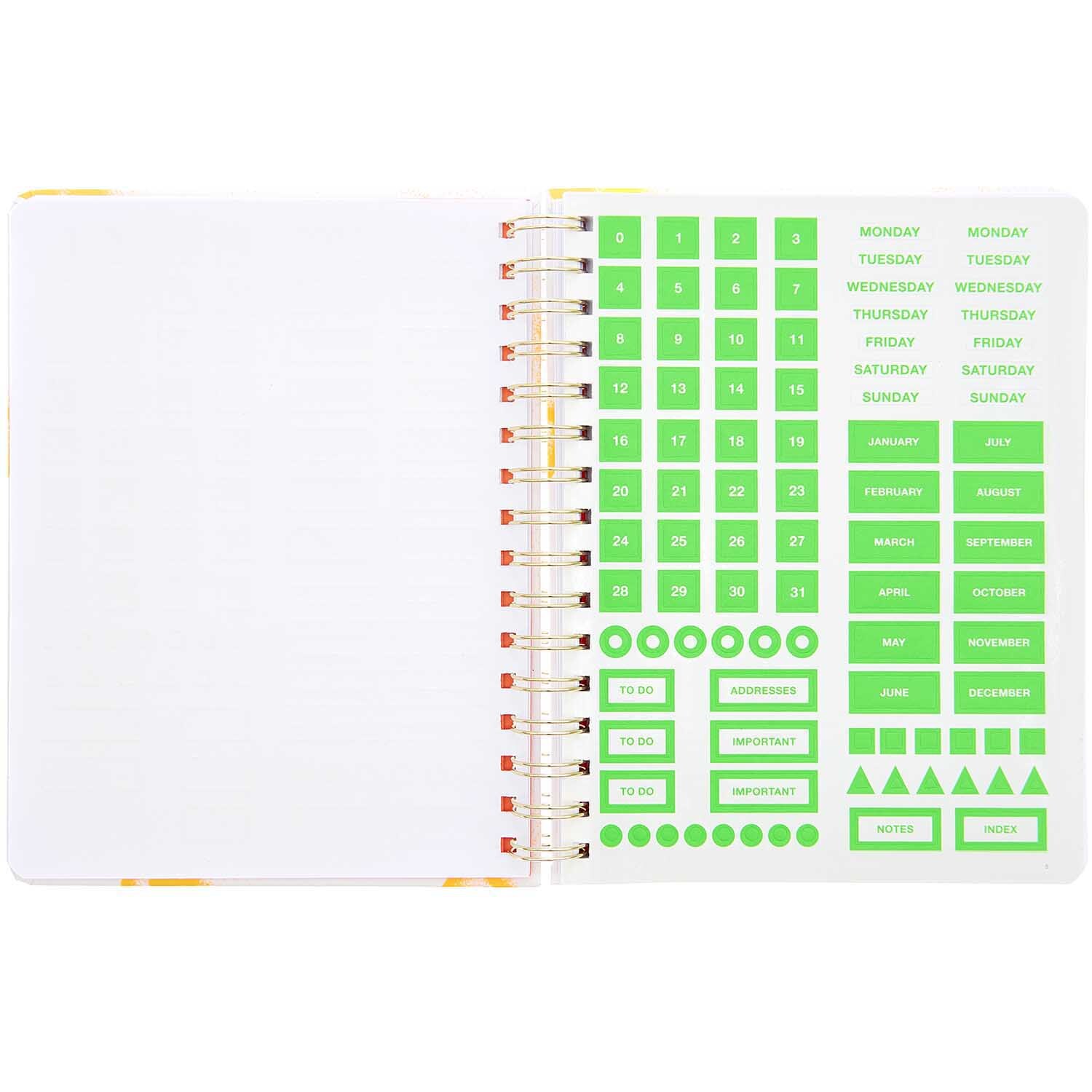 Paper Poetry Bullet Diary Spiralbindung In Love with Me DIN A5 164 Seiten von Rico Design Paper Poetry Bullet Diary mit Spiralbindung, geöffnet mit grünen Aufklebern auf der rechten Seite. Marke: Rico Design.