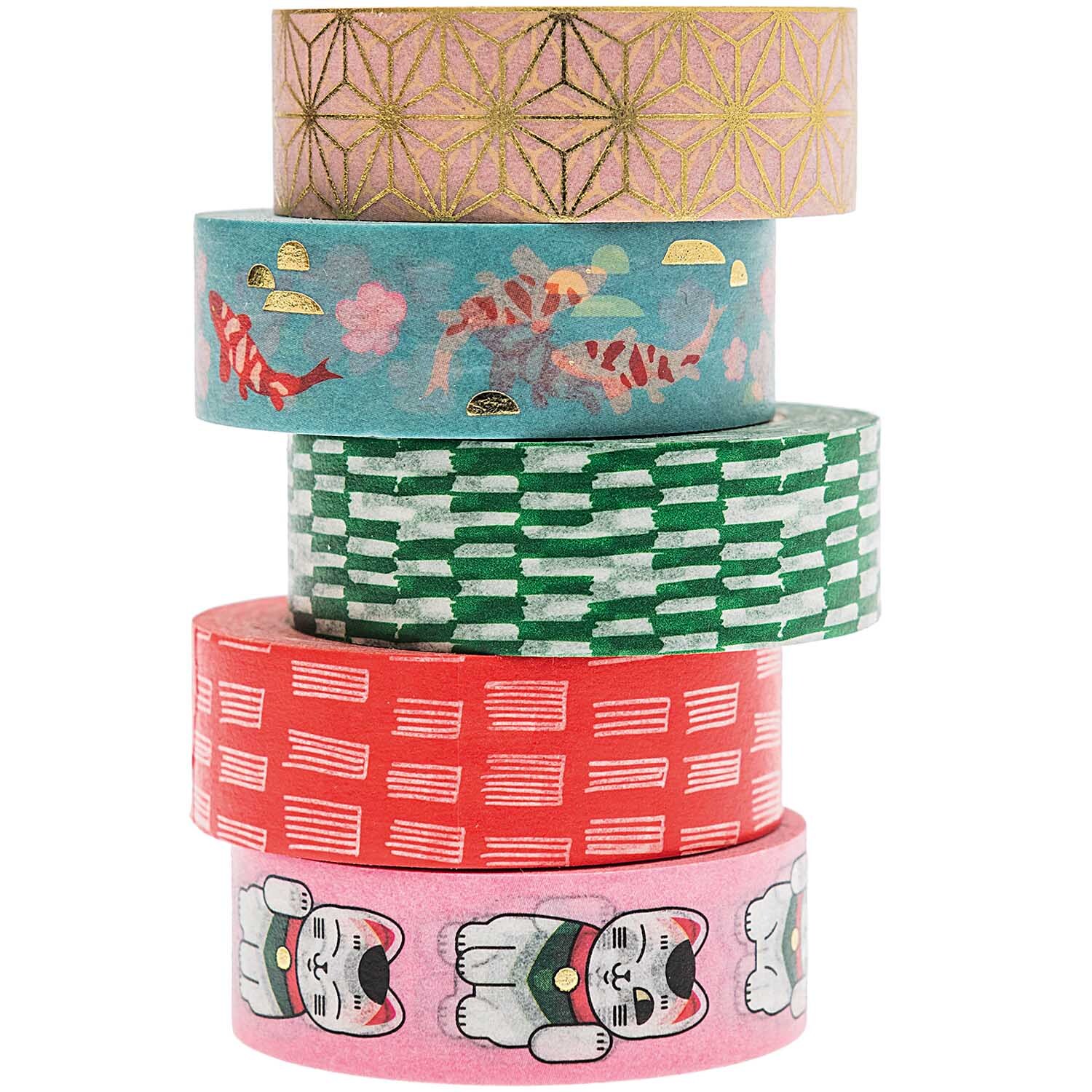 Paper Poetry Tape Set Jardin Japonais, 5-teilig, zeigt bunte Muster mit japanischen Motiven. Ideal für kreative Projekte.