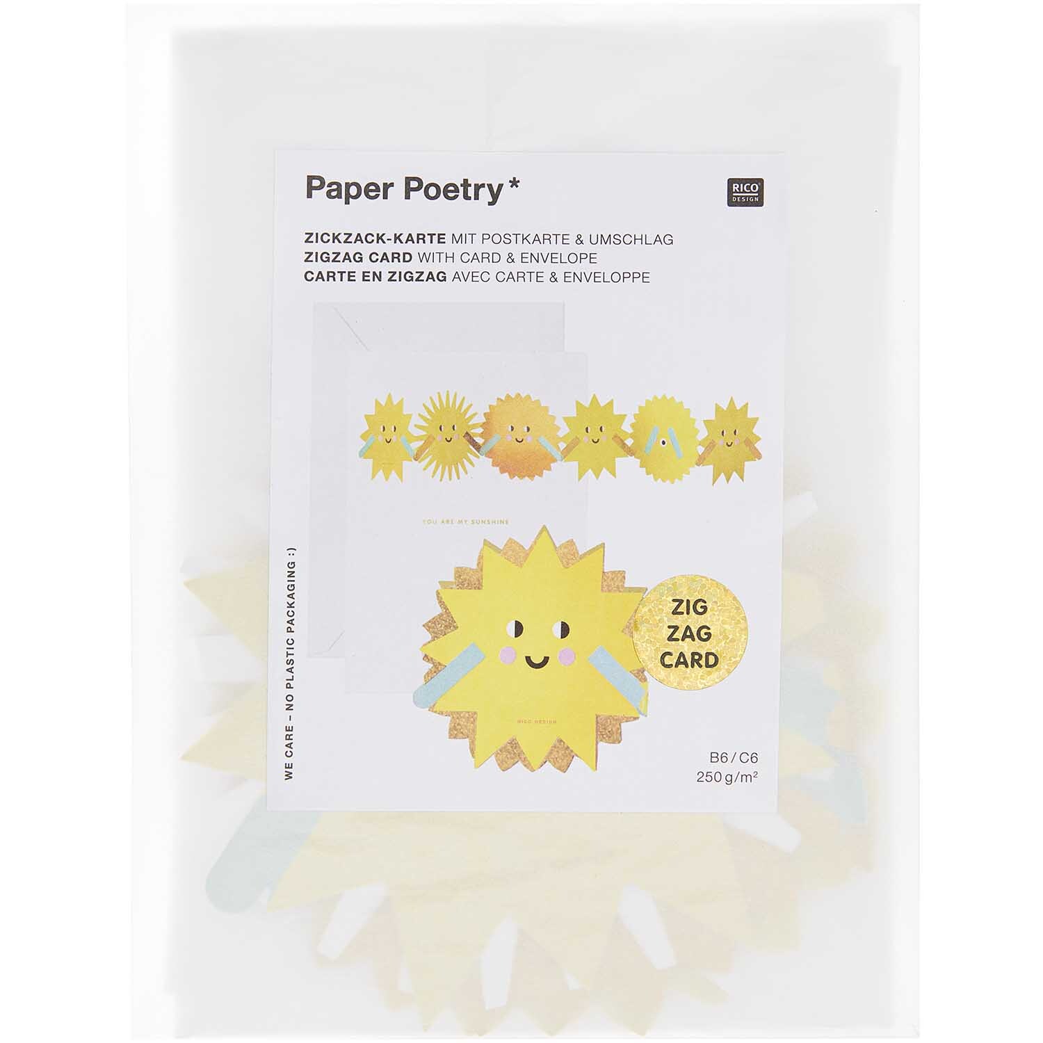 Paper Poetry Zickzack-Karte zeigt fröhliche Sonnenmotive auf einer weißen Karte von Rico Design.