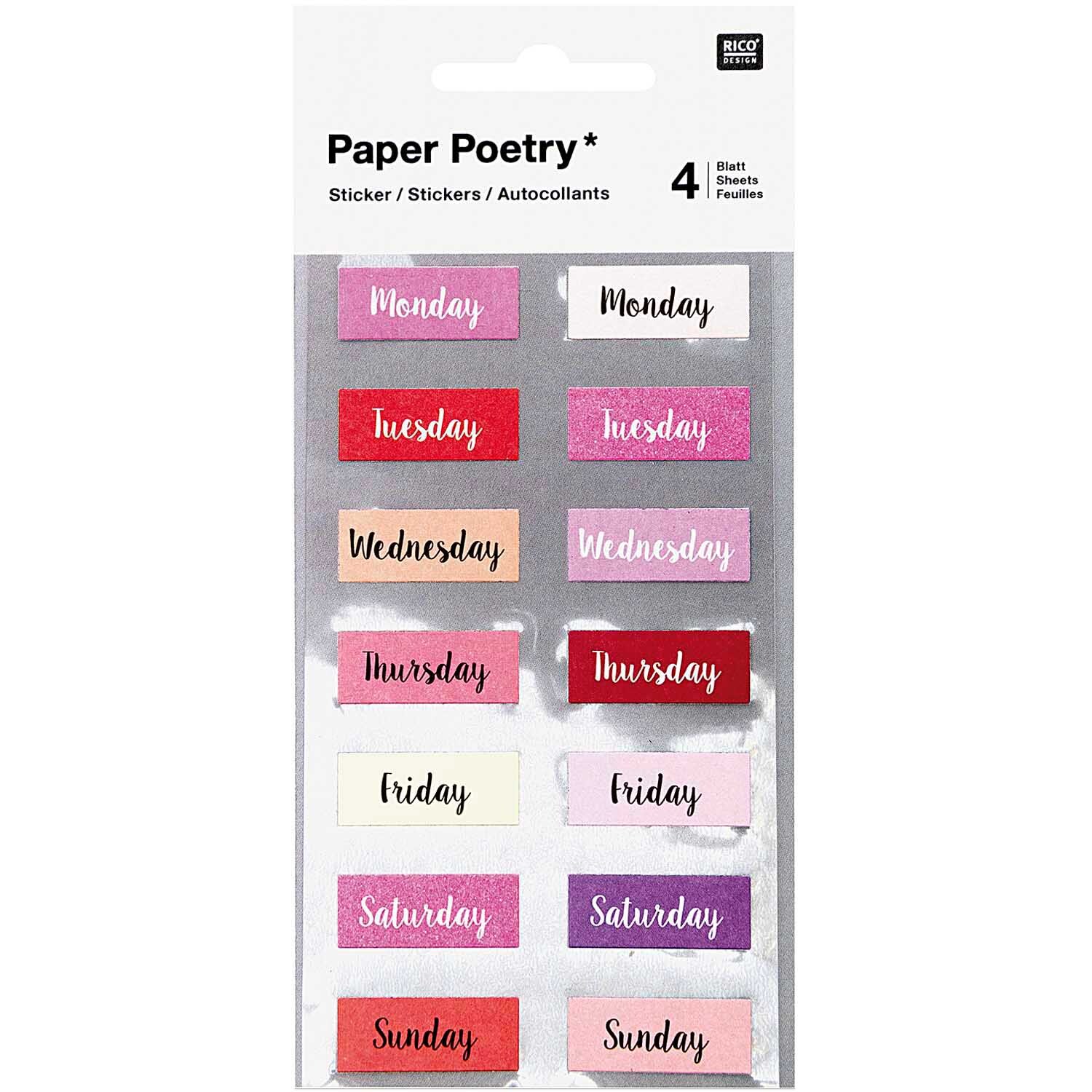 Paper Poetry Sticker Wochentage in Rosa von Rico Design, 56 Stück. Enthält bunte Wochentagssticker.