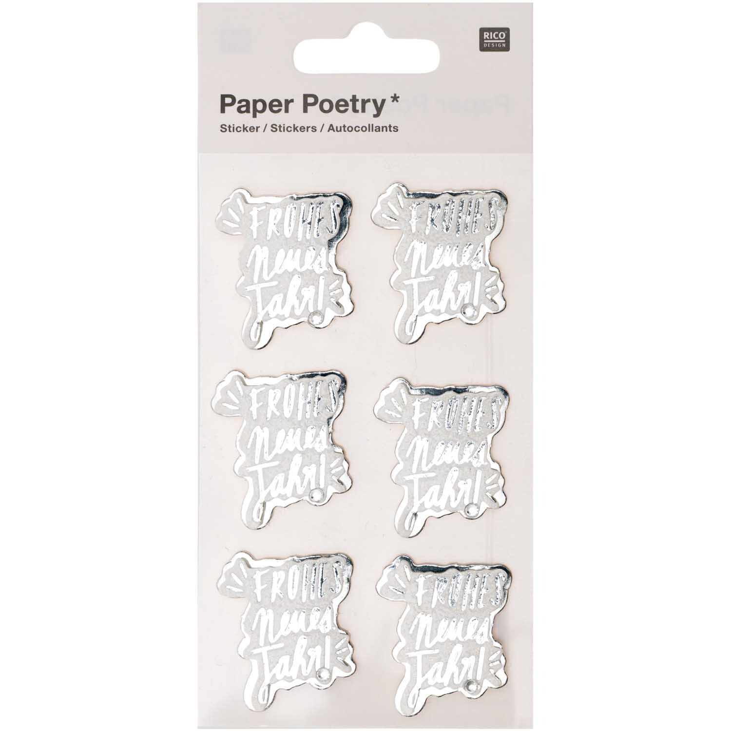 Paper Poetry 3D-Sticker mit "Frohes neues Jahr" in Silber, 6 Stück von Rico Design auf weißem Hintergrund.