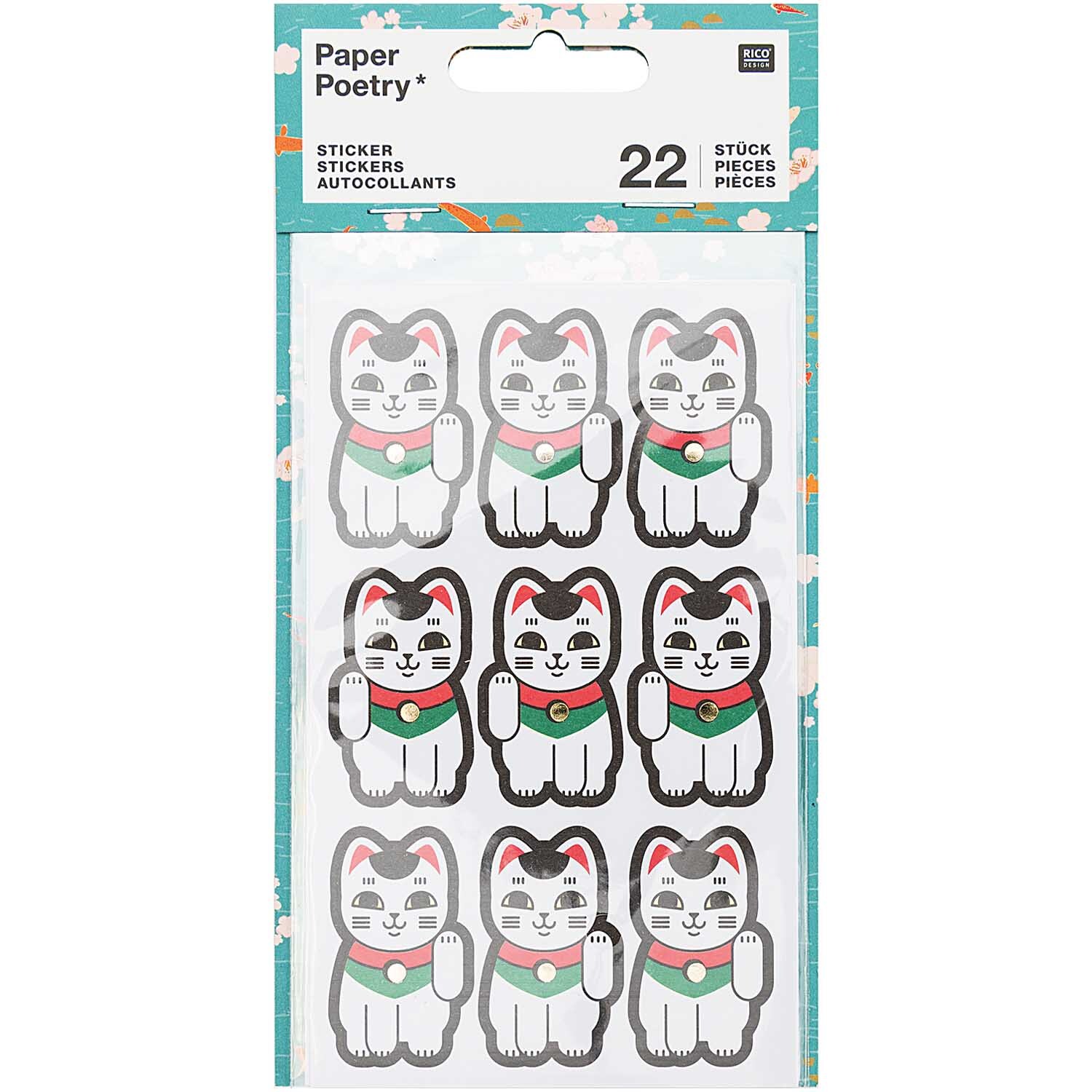 Paper Poetry Sticker Jardin Japonais zeigt 22 Winkekatzen in verschiedenen Farben von Rico Design.