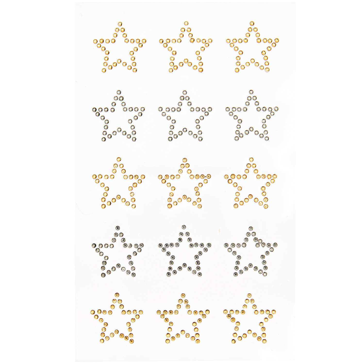 Paper Poetry Strass-Sticker Sterne von Rico Design, 15 funkelnde Sterne in Gold und Silber auf weißem Hintergrund.