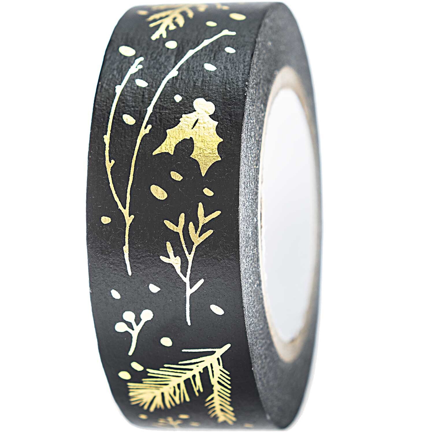 Paper Poetry Tape Nostalgic Christmas mit goldenen Zweigen auf schwarzem Hintergrund, ideal für festliche Dekorationen. Marke: Rico Design.