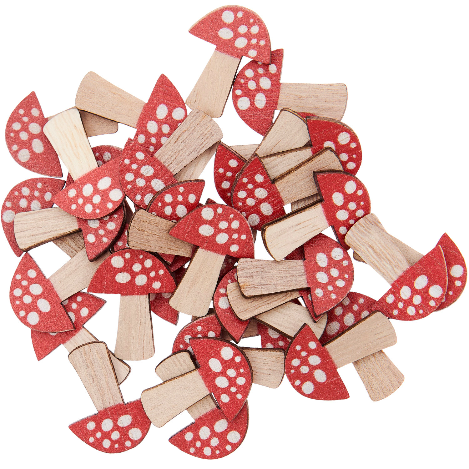 Holzstreu Fliegenpilz von Rico Design, 36 Stück in Natur-rot, 20x25mm. Dekorative Holzpilze mit roten Kappen und weißen Punkten.