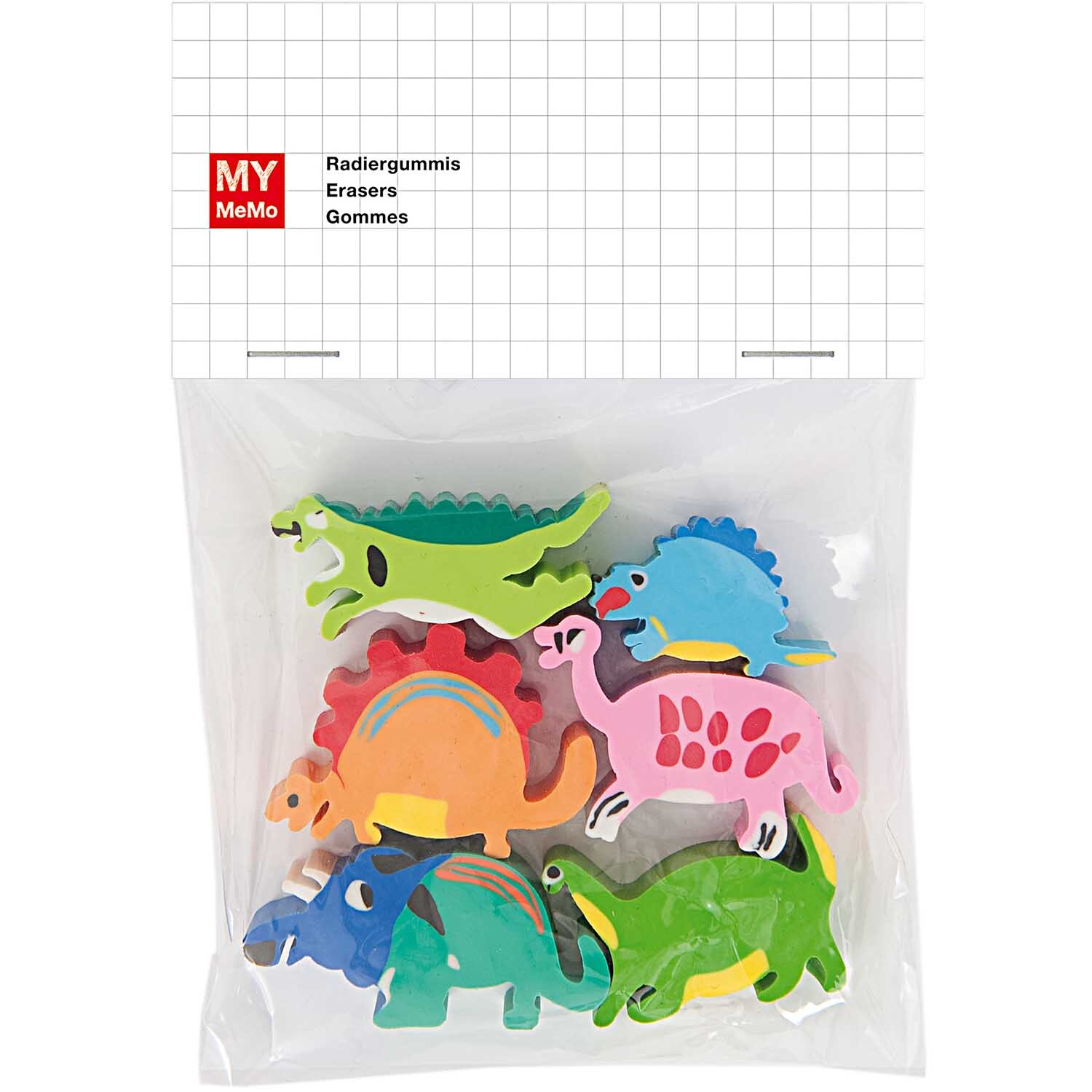 Radiergummis Dinosaurier 6 Stück: Bunte Dinosaurier-Radiergummis von Rico Design in einer transparenten Verpackung.
