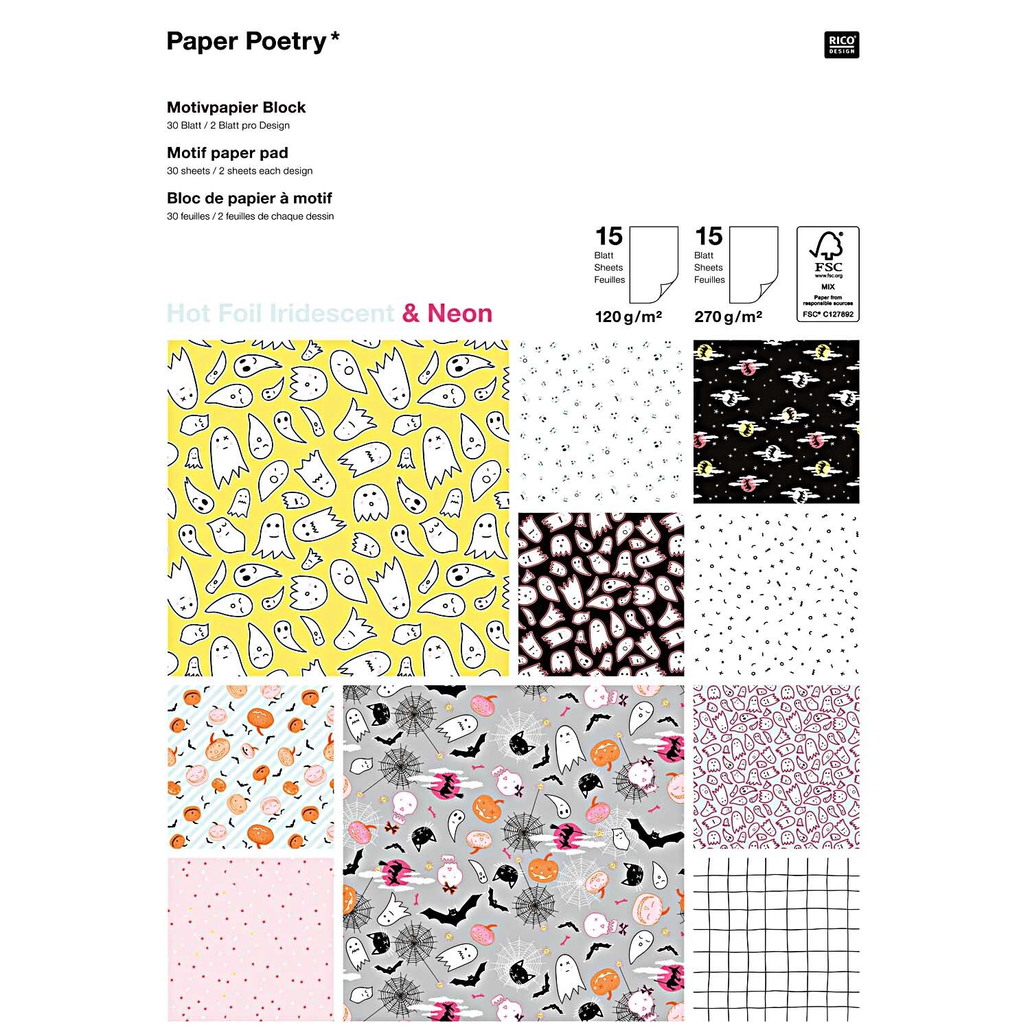 Paper Poetry Motivpapier Block Halloween mit 30 Blättern zeigt bunte, festliche Designs. Ideal für kreative Halloween-Projekte.
