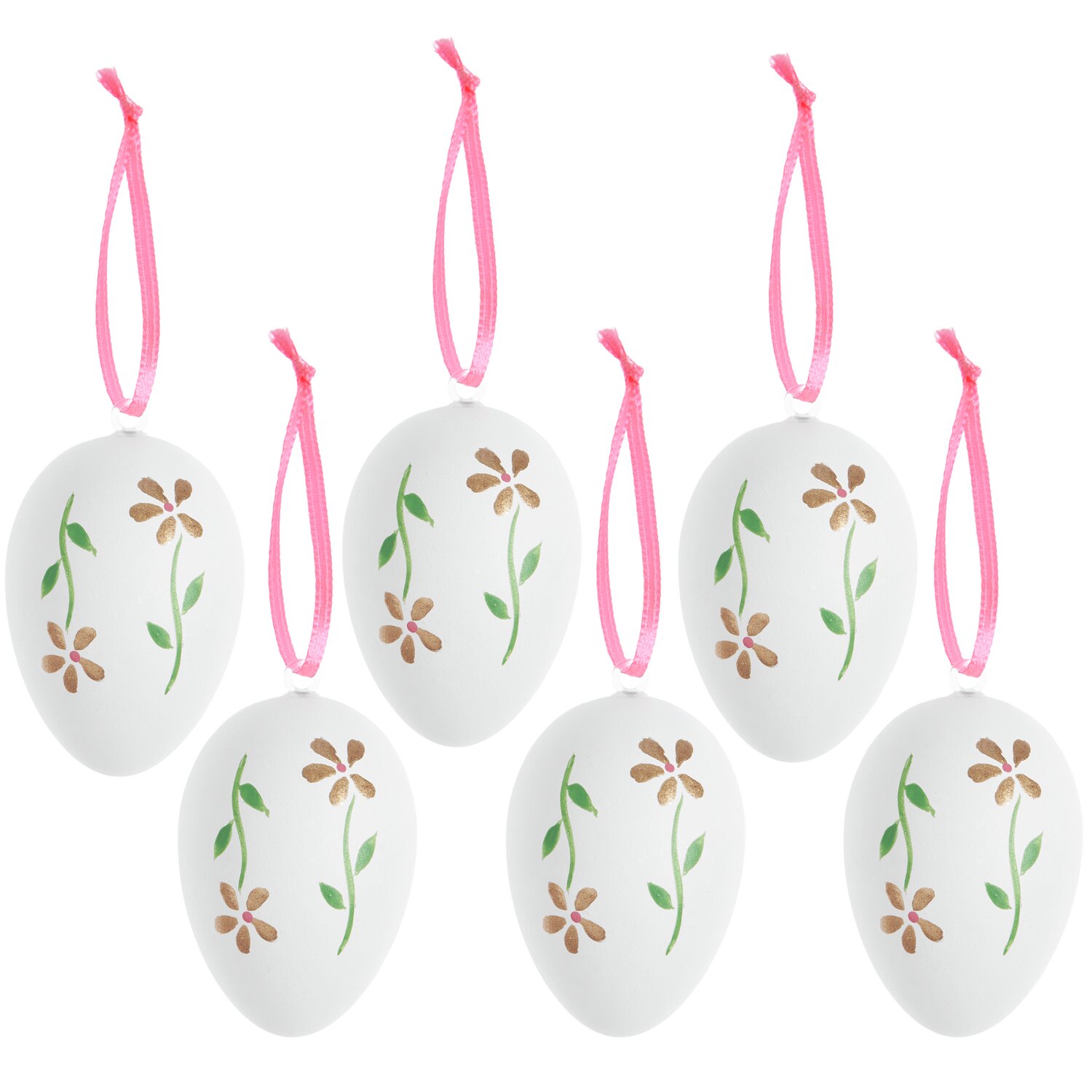 Deko-Eier Weiß/Gold mit Blumenmuster, Ø4x6cm, 6 Stück, rosa Bänder, ideal für Osterdekoration.