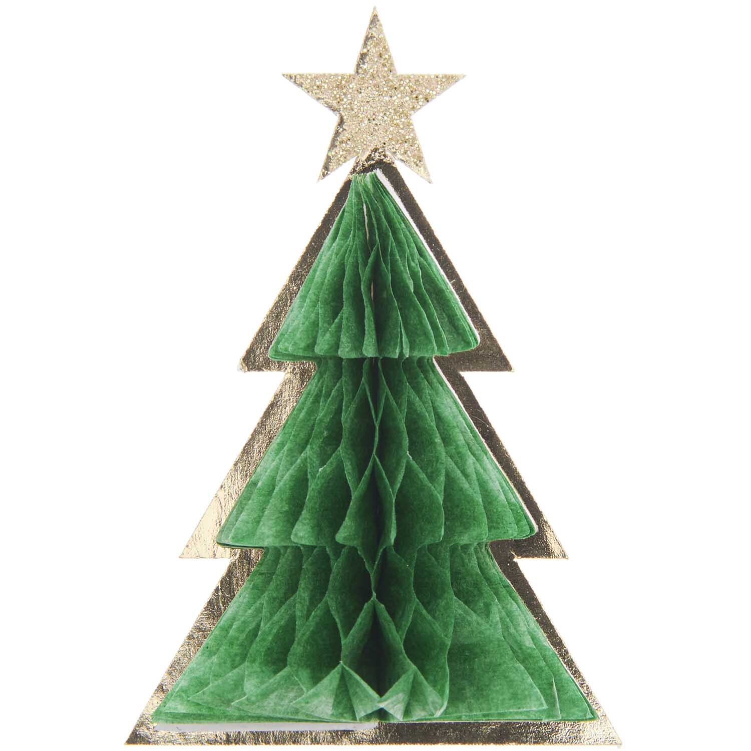 Paper Poetry Wabenpapiersticker zeigt einen grünen Tannenbaum mit goldener Umrandung und Stern. Ideal für festliche Dekorationen. Marke: Rico Design.