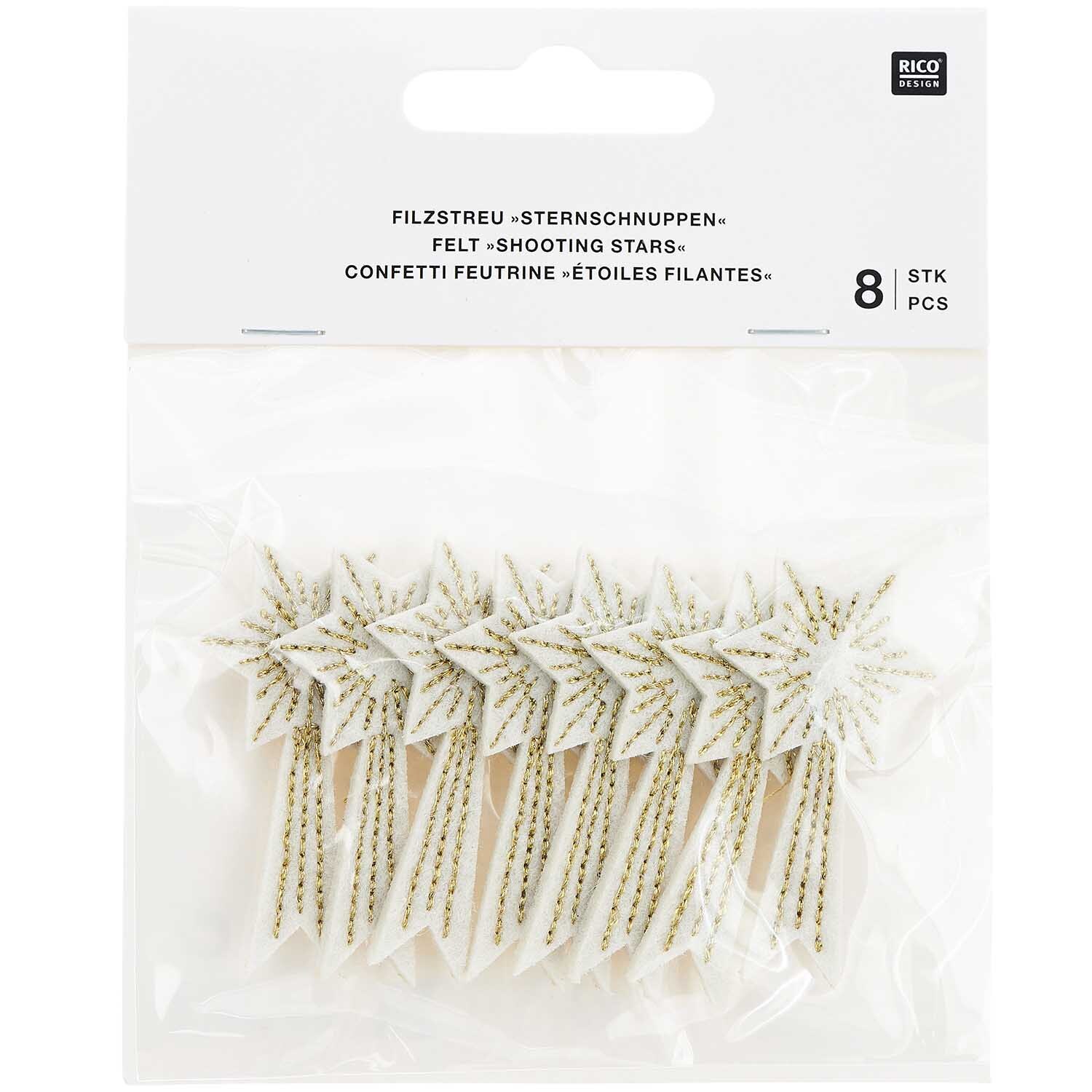 Filzstreu Sternschnuppen weiß-gold bestickt 5x3,7cm 8 Stück von Rico Design