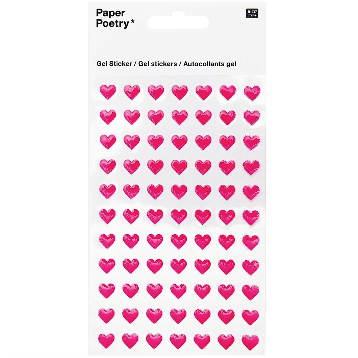 Paper Poetry Gelsticker Herzen klein Neonpink von Rico Design, zeigt viele kleine Herzsticker in leuchtendem Neonpink auf weißem Hintergrund.