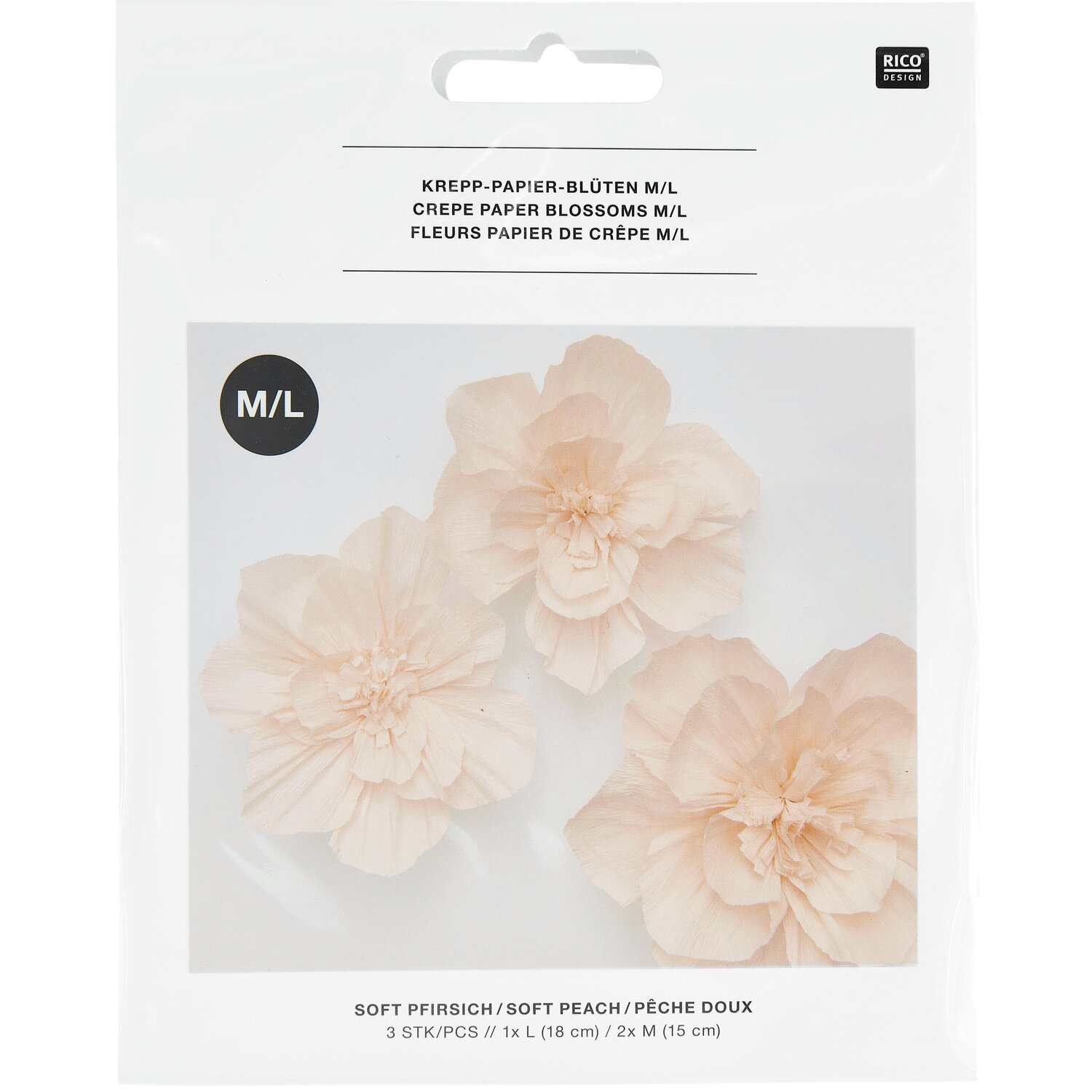 Krepppapier Blüten 3 Stück Farbe Soft Pfirsich von Rico Design Krepppapier Blüten in sanftem Pfirsichton, 3 Stück von Rico Design, ideal für kreative Dekorationen.