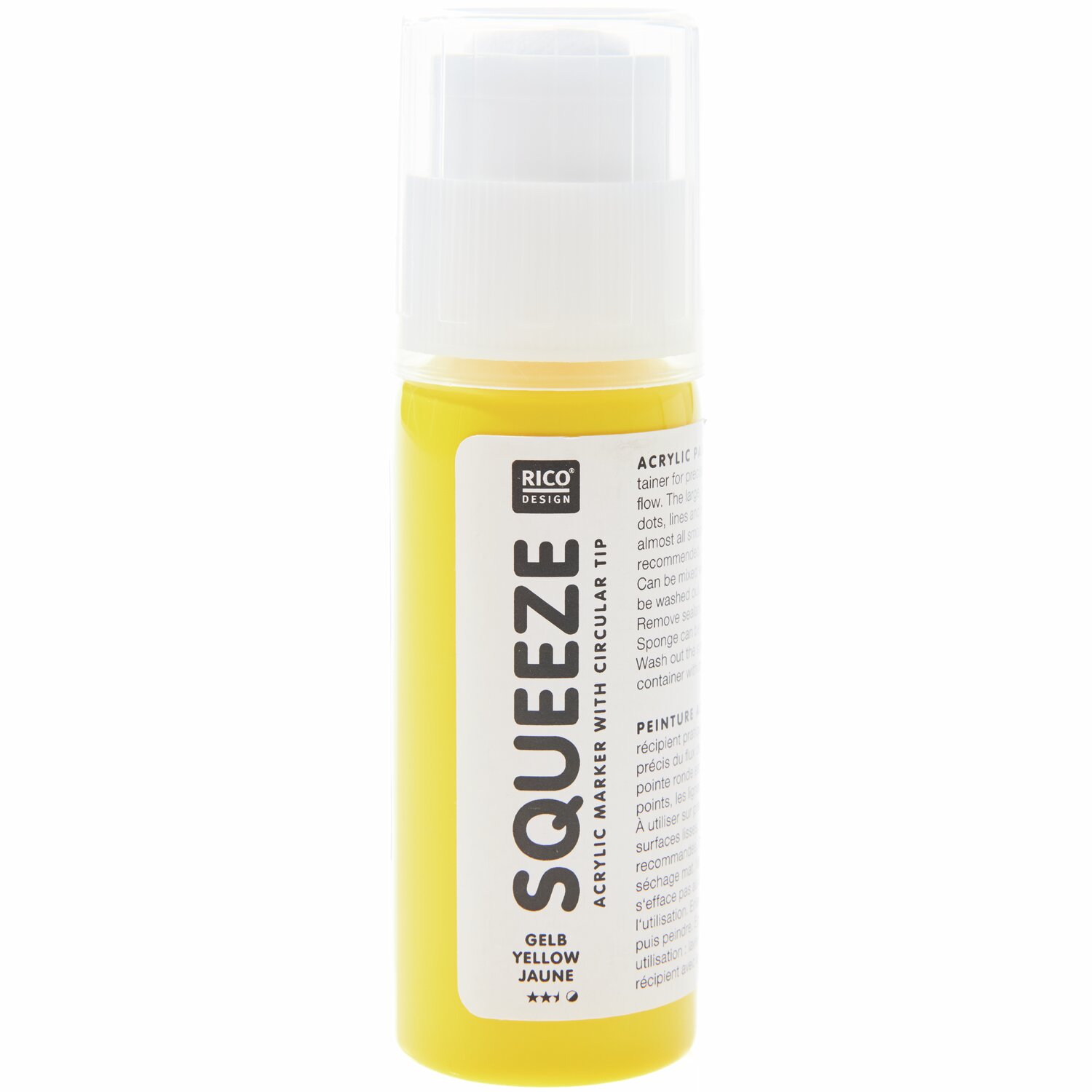 Squeeze Acrylic Marker 60ml 1 Stück Farbe Gelb von Rico Design Squeeze Acrylic Marker 60ml von Rico Design in Gelb, ideal für kreative Projekte. Die Flasche zeigt das Markenlogo und die Farbbezeichnung.