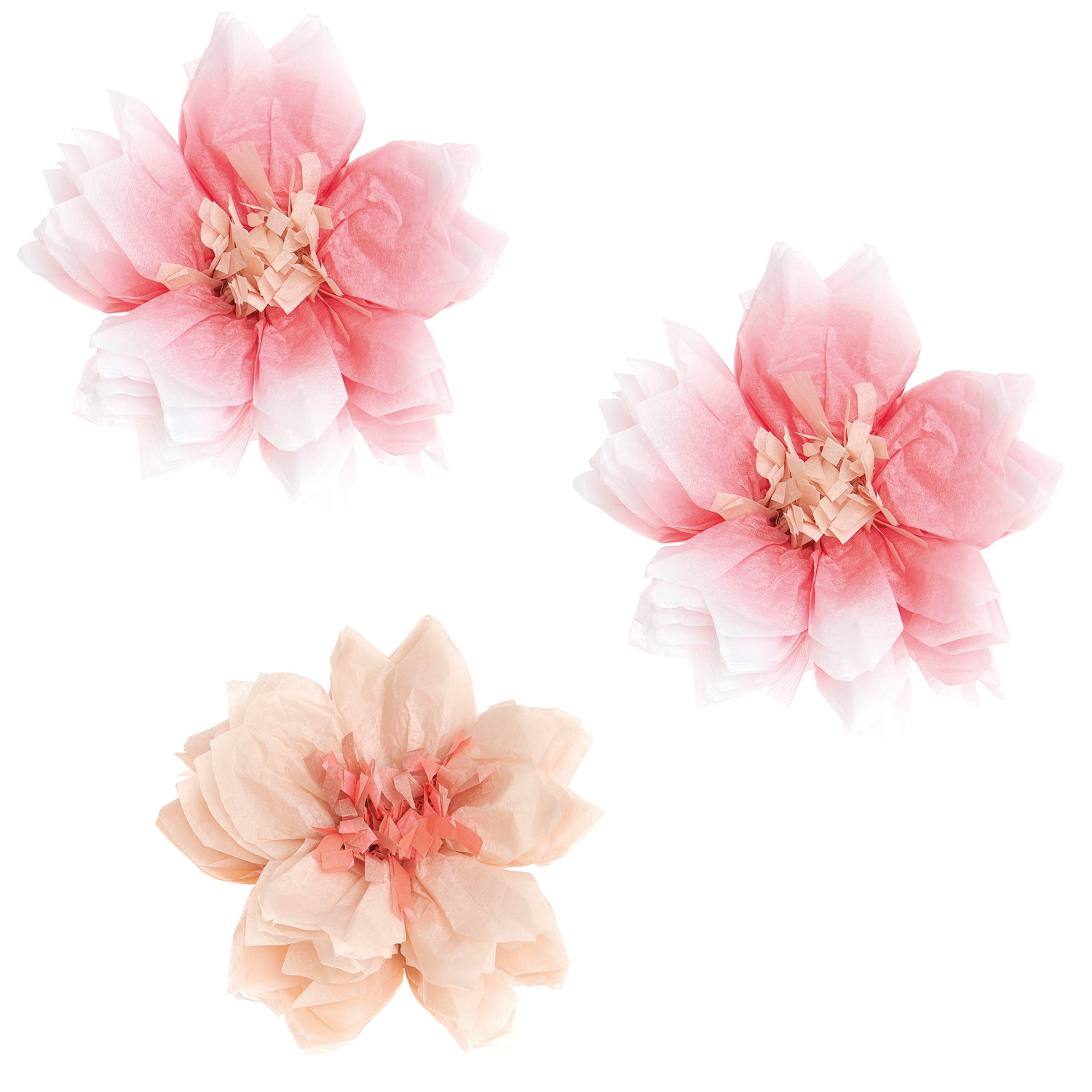 Seidenpapierblumen Kirschblüten in Rosa und Pfirsich, 11cm, 3 Stück von Rico Design, dekorativ arrangiert.